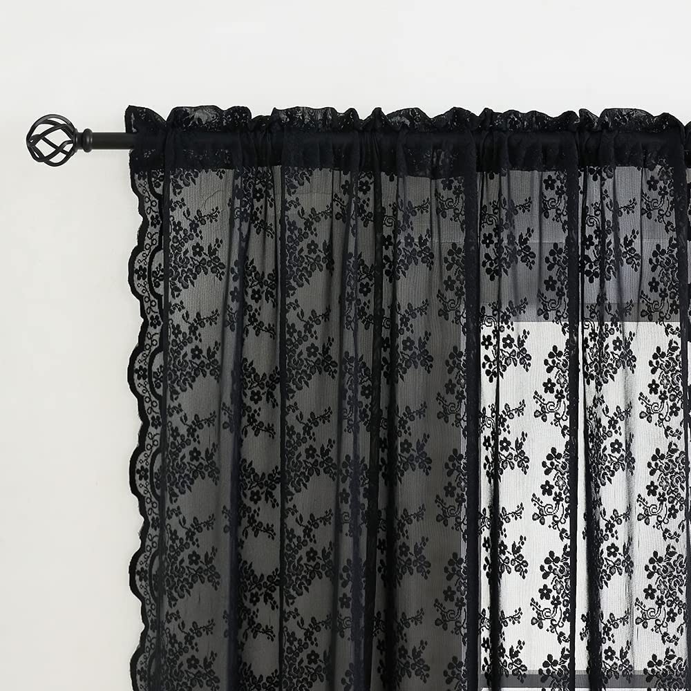 YJ YANJUN Black Sheer Curtains 54 inch Length- Goth Victorian Kitchen Lace Curtain Panel Halloween Short Curtains for Bathroom Window Coffin/Witchy/Gothic Home Decor 52 x 54 Inch Black