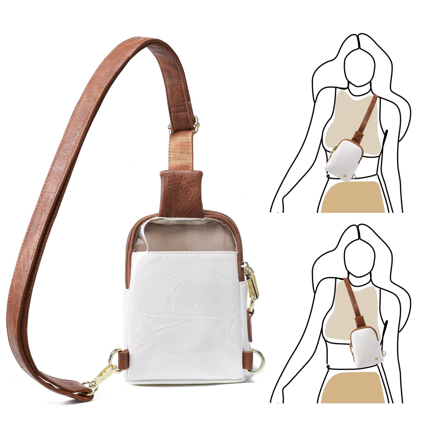INICAT Sling Bag for Women Touchscreen Small Crossbody Cell Phone Purse Fanny Pack(White Brown Anti Theft Small)