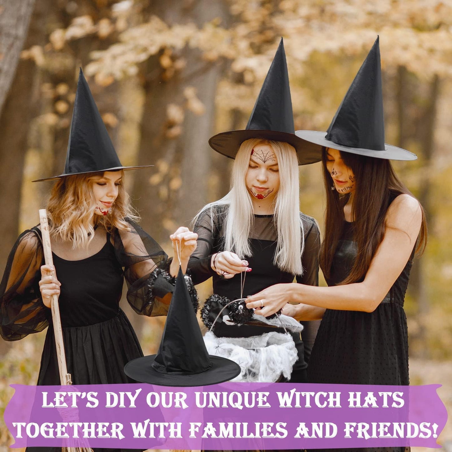 ZeeDix 12 Pcs Halloween Witch Hats, Black Hanging Witches Hat with 98 Ft Hanging Rope, Halloween Costume Accessories Party Decoration