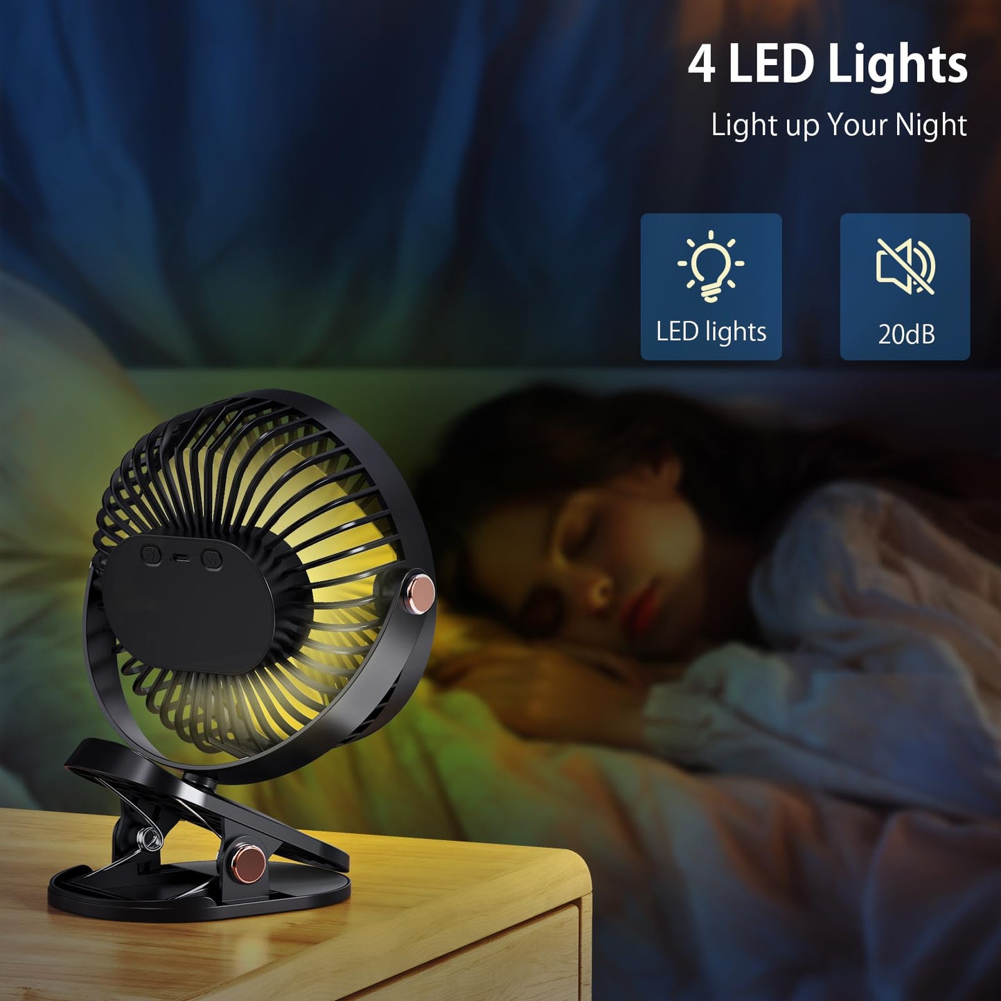 iNeibo 4000mAh Portable Clip on Fan with LED Lights, Battery Operated USB Desk Fan,4 Speed Quiet Rechargeable Mini Table Fan, 360° Rotate Personal Cooling Fan for Home Office Stroller Camping (Black)