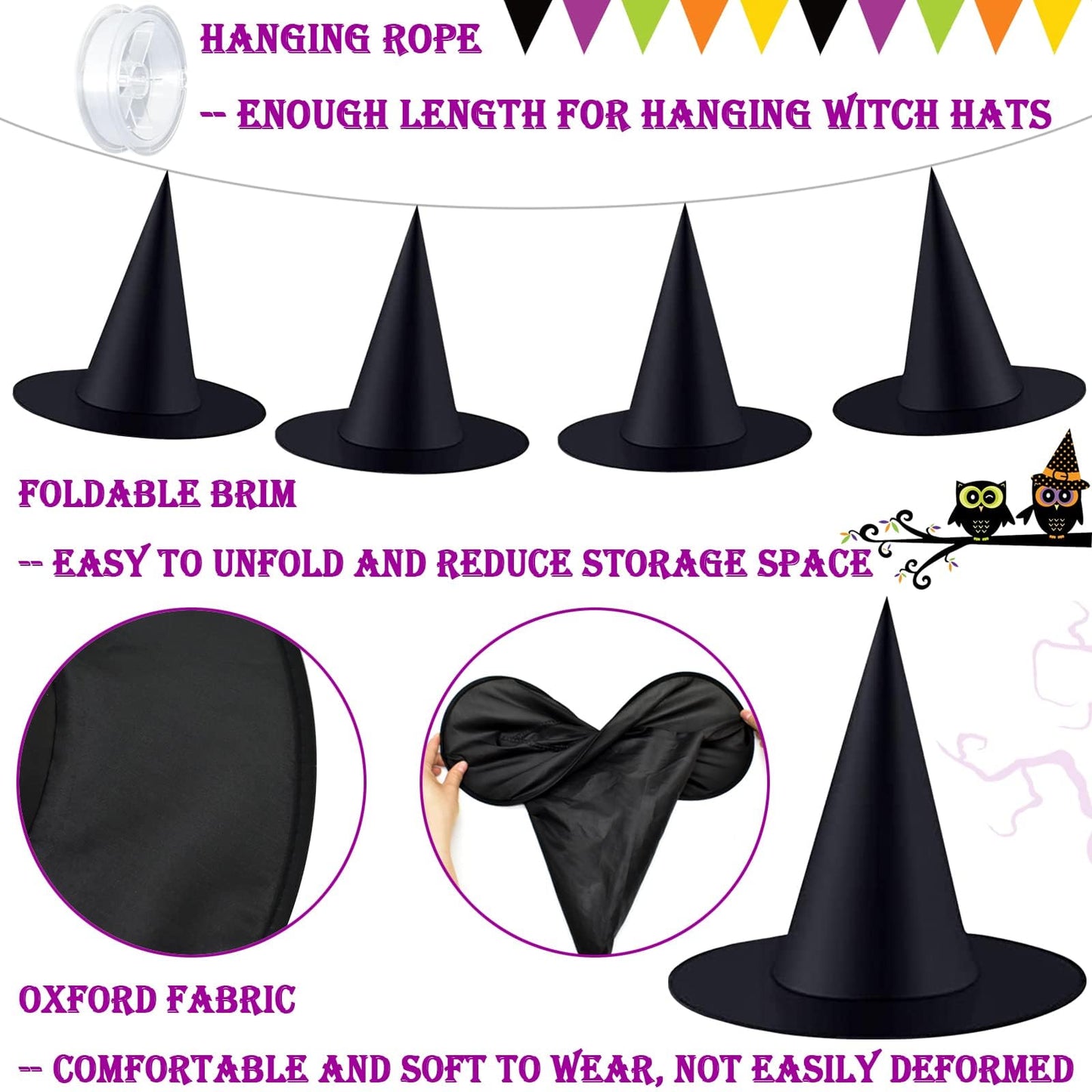 ZeeDix 12 Pcs Halloween Witch Hats, Black Hanging Witches Hat with 98 Ft Hanging Rope, Halloween Costume Accessories Party Decoration