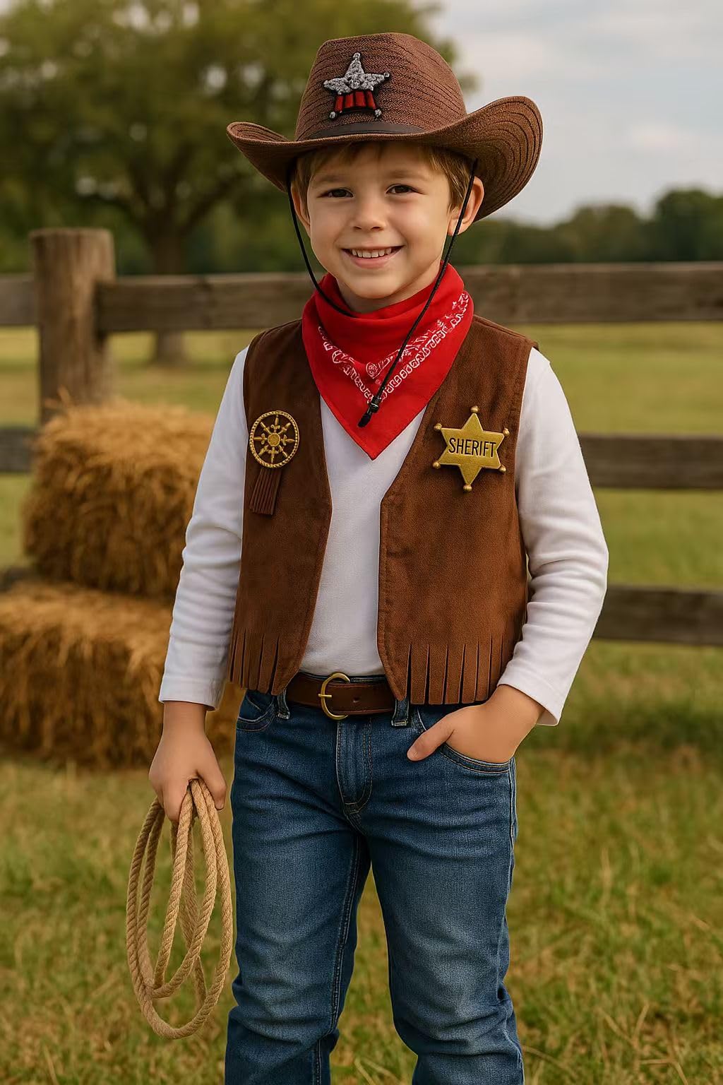 ZZIHAN Kids Cowboy Costume Vest for Boys Cowboy Accessories Hat Bandanas Sunglasses Metal Sheriff Badges Dress up for Boys Girls Birthday Party Halloween Christmas Cosplay Gift 7-8 Year