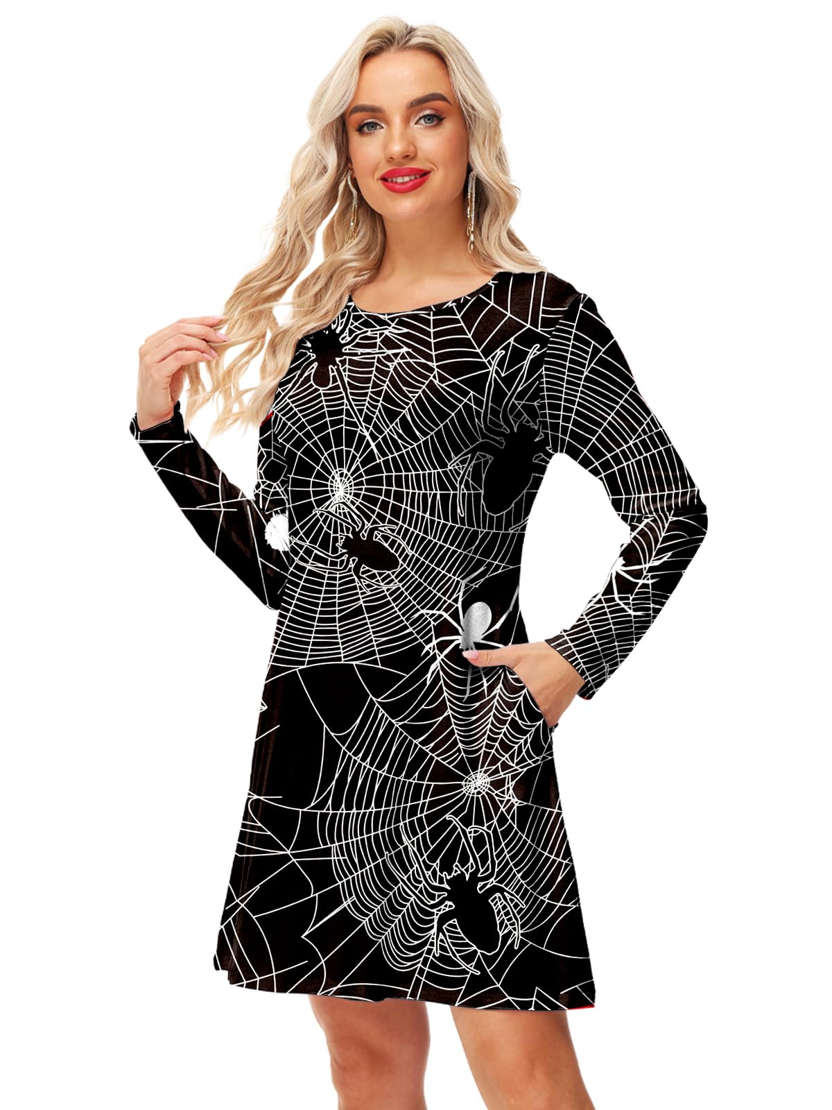 Womens Spiderweb Dress Halloween A-Lined Flare Holiday Dress with Pocket XL