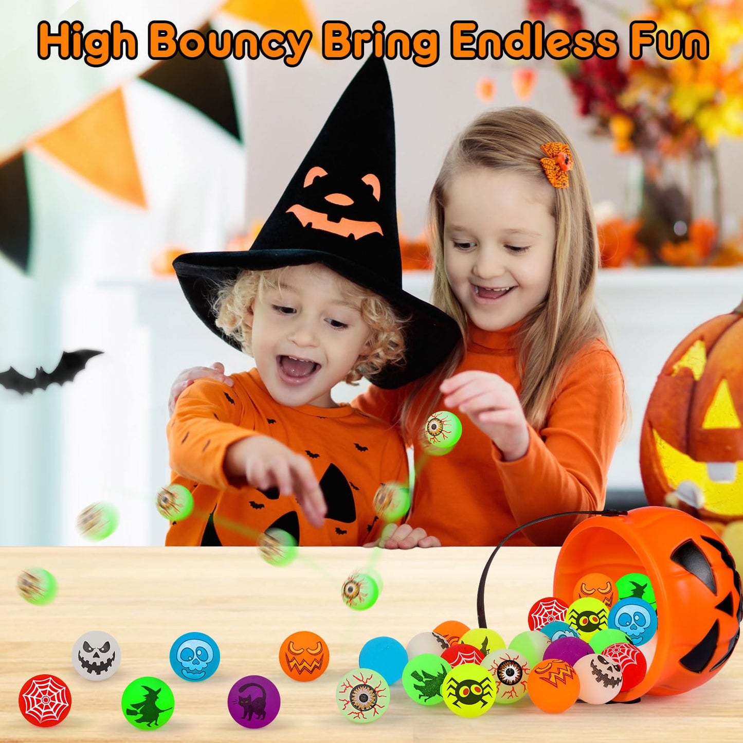Yunaking Halloween Party Favors Kids Toys 64Pcs Halloween Toys Glow In The Dark Party Decoration Supplies Bouncy Balls Toy for Kids halloween Bag Fillers with Pumpkin Buckets Trick or Treat