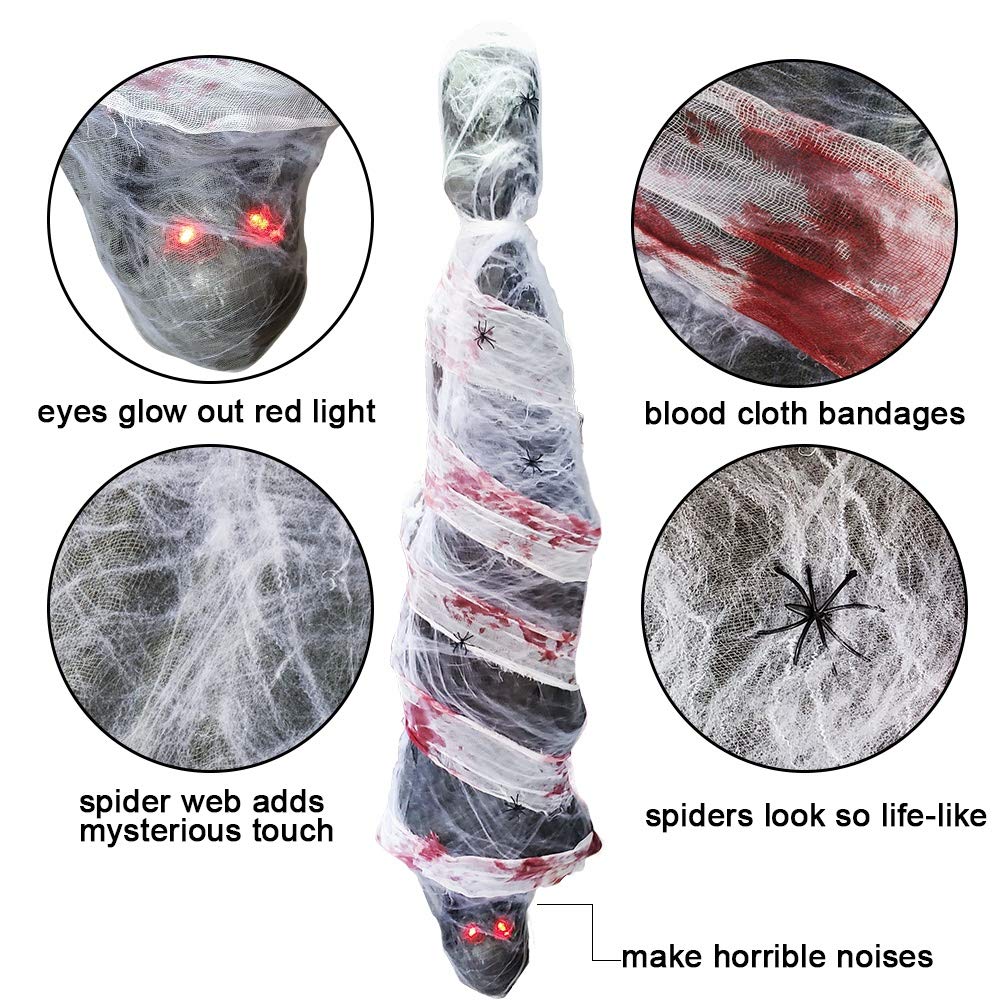 Zcaukya Halloween Decorations, 72 Inch Hanging Spooky Scary Creepy Mummy Decoration with LED Glowing Eyes and Voice Activated for Halloween Party, Haunted House, Yard, Ceiling, Indoor Outdoor Decor