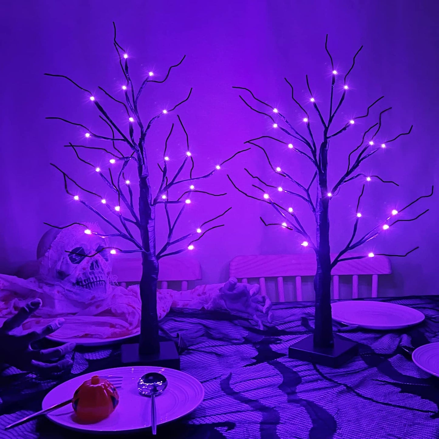 2 Pack 24 Inch Purple Lighted Halloween Birches Tree Decor with Timer Total 48 LED Battery Operated Tabletop Artificial Black Spooky Tree Halloween Decorations for Indoor Home Holiday Party