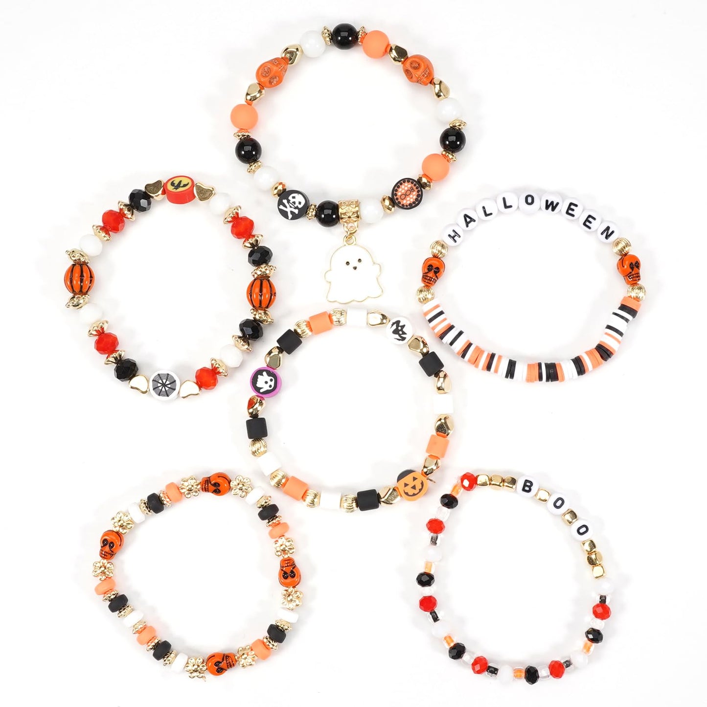 Lonext Halloween Bracelets Set Friendship Clay Preppy Heishi Boo Charm Beads Stackable Bracelet Ghost Pumpkin for Women