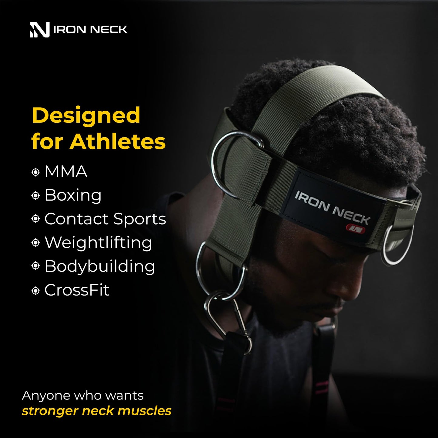 Iron Neck Harness Alpha, Versatile Neck Exerciser, Strengthener and Trainer with Adjustable Head and Chin Strap, Portable Head Harness for Weight Lifting, Home and Gym Use
