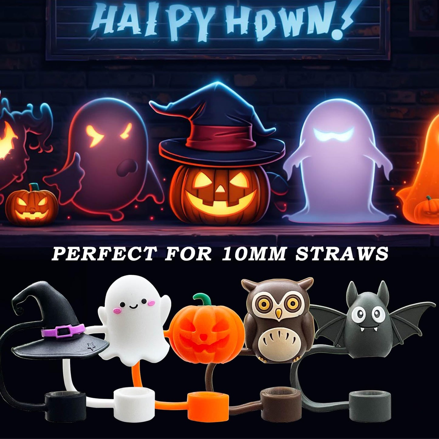 5PCS Halloween Straw Cover Cap for Stanley Cup, Silicone Straw Topper for Stanley 30&40 Oz Tumbler with Handle, 10mm 0.4in Dust-Proof Reusable Straw Tips Lids for Halloween Gifts. (Color 1)
