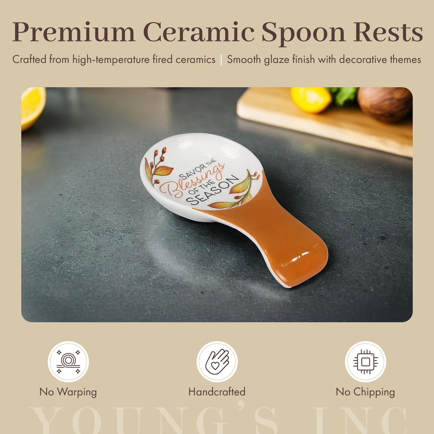 Young's Inc. Spoon Rest for Stove Top and Kitchen Counter - Ceramic Spoon Holder - Durable and Easy-to-Clean - Can Hold Ladles, Spatulas, Tea Bags, and More - Stylish Spoon Me Design - 5.5"x4.5"x1"