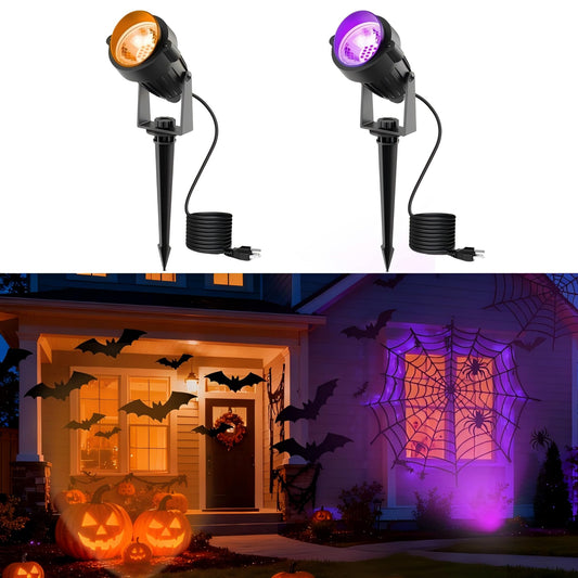 LOHAS Halloween Orange and Purple Spotlights Outdoor, Auto On/Off 5W 120V Landscape Lighting for for House, Holiday, Trees, Decoration, 450LM IP66 Waterproof, UL Listed, 2 Pack