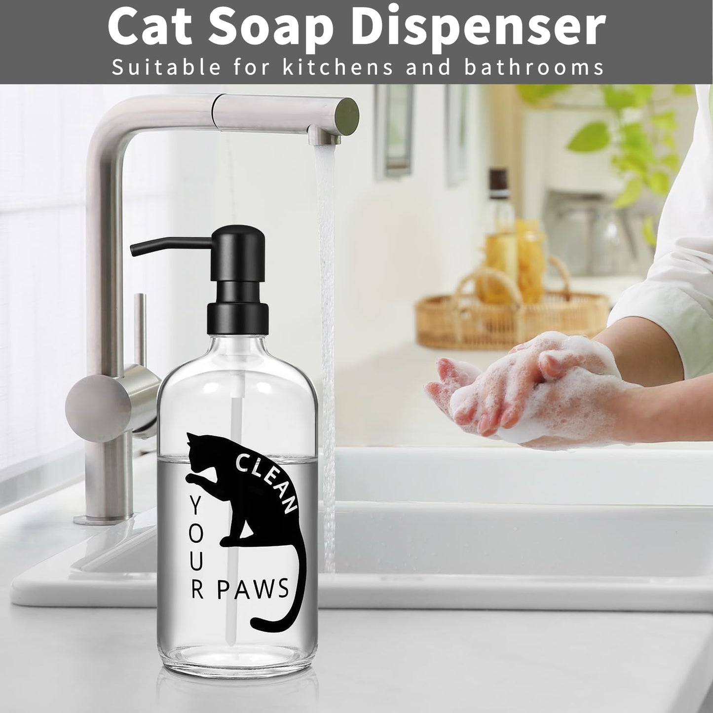 zuxzmj Black Cat Soap Dispenser 17 oz Clear Glass Hand Soap Bottle with 304 Stainless Steel Pump for Bathroom or Kitchen Countertop Cat Lover Gift Idea