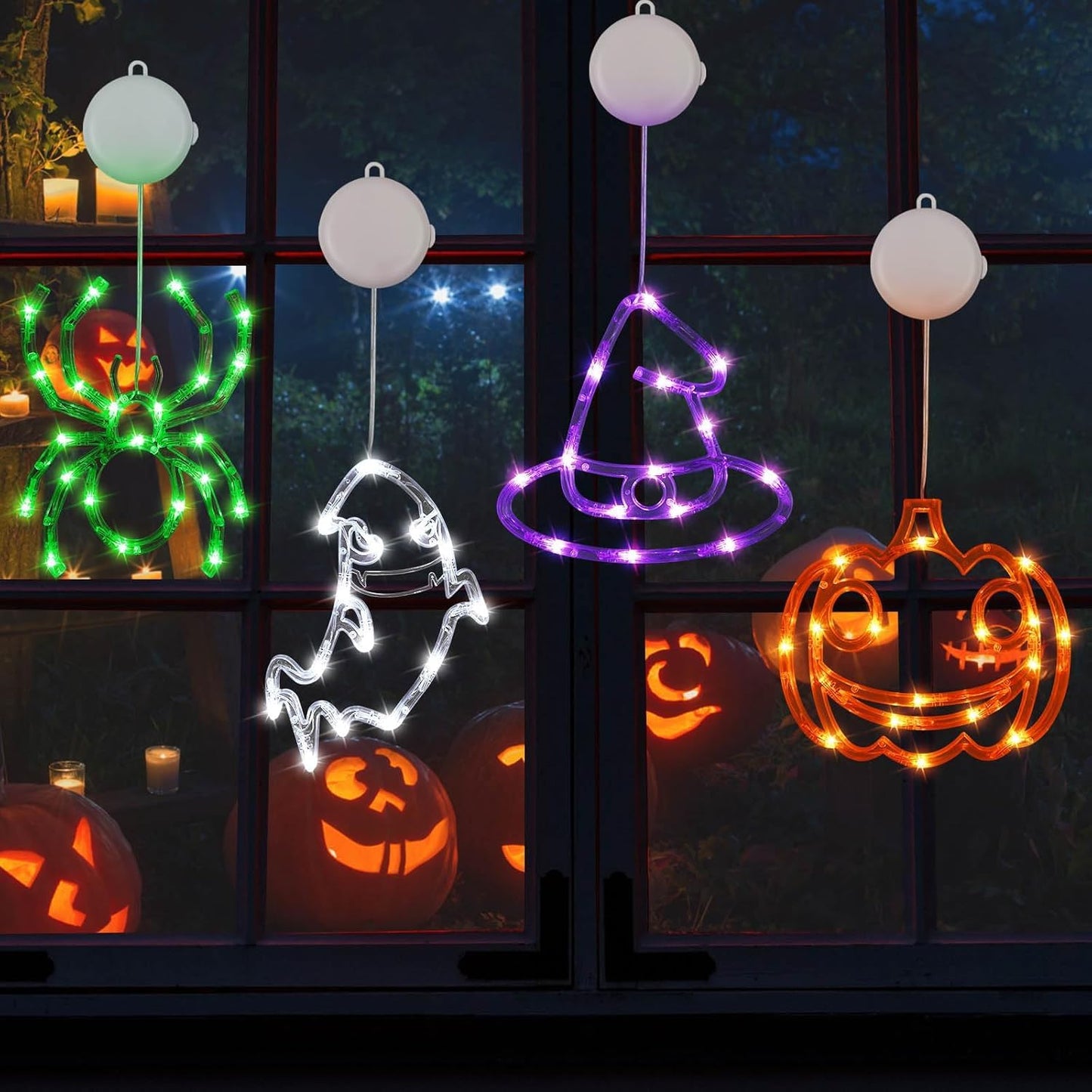 4 Pack Halloween Decorations, Orange Pumpkin, White Ghost, Purple Witch Hat, Green Spider Lights, Battery Operated Halloween Window Lights with Suction Cup and Timer for Decor