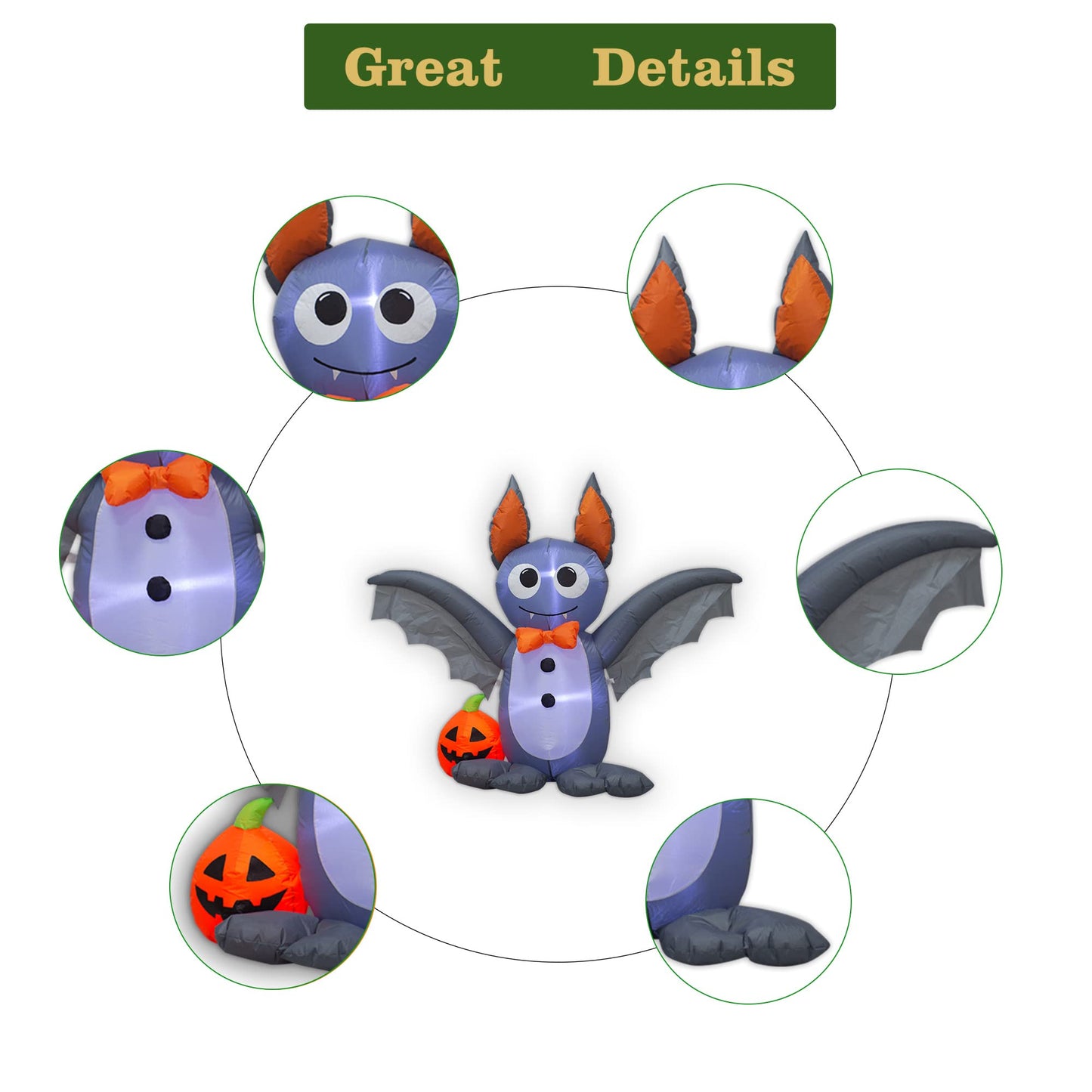 Ycolnaefllr 4 Foot Long Lighted Halloween Inflatable Bat & Pumpkin LED Lights Decor Outdoor Indoor Holiday Decorations, Blow up Lighted Yard Decor, Giant Lawn Inflatables Home Family Outside