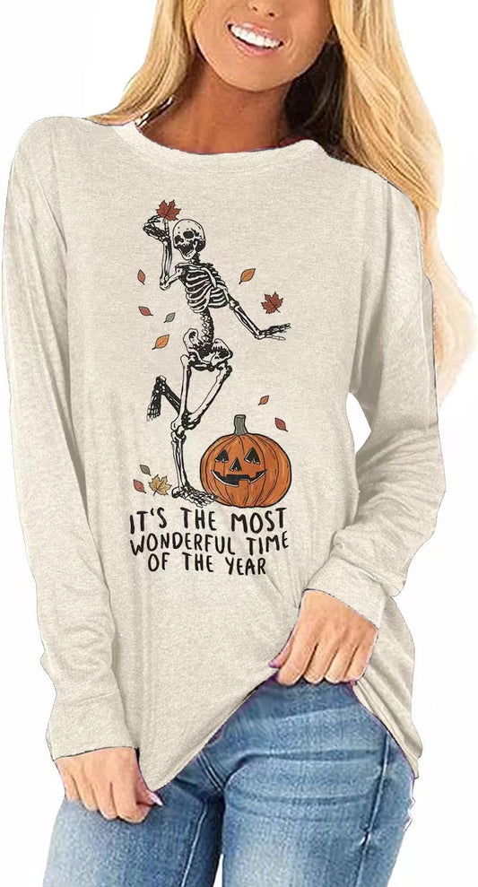 Long Sleeve Fall T-Shirt for Women Family Halloween Thanksgiving Tops Casual Thankful Pumpkin Turkey Graphic Tees(723-B-Beige,L)