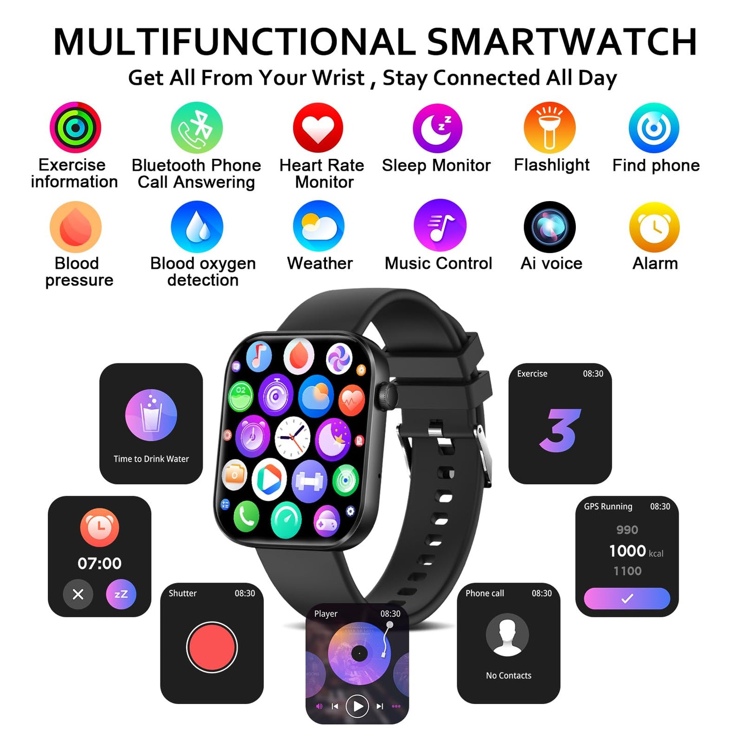 LOJUSIMEH Smart Watch(Answer/Make Call), 1.96" Smart Watch for Men Women IP68 Waterproof, Smartwatch for Android iOS with 100+ Sport Modes, Fitness Tracker, Heart Rate Sleep Monitor, AI Voice