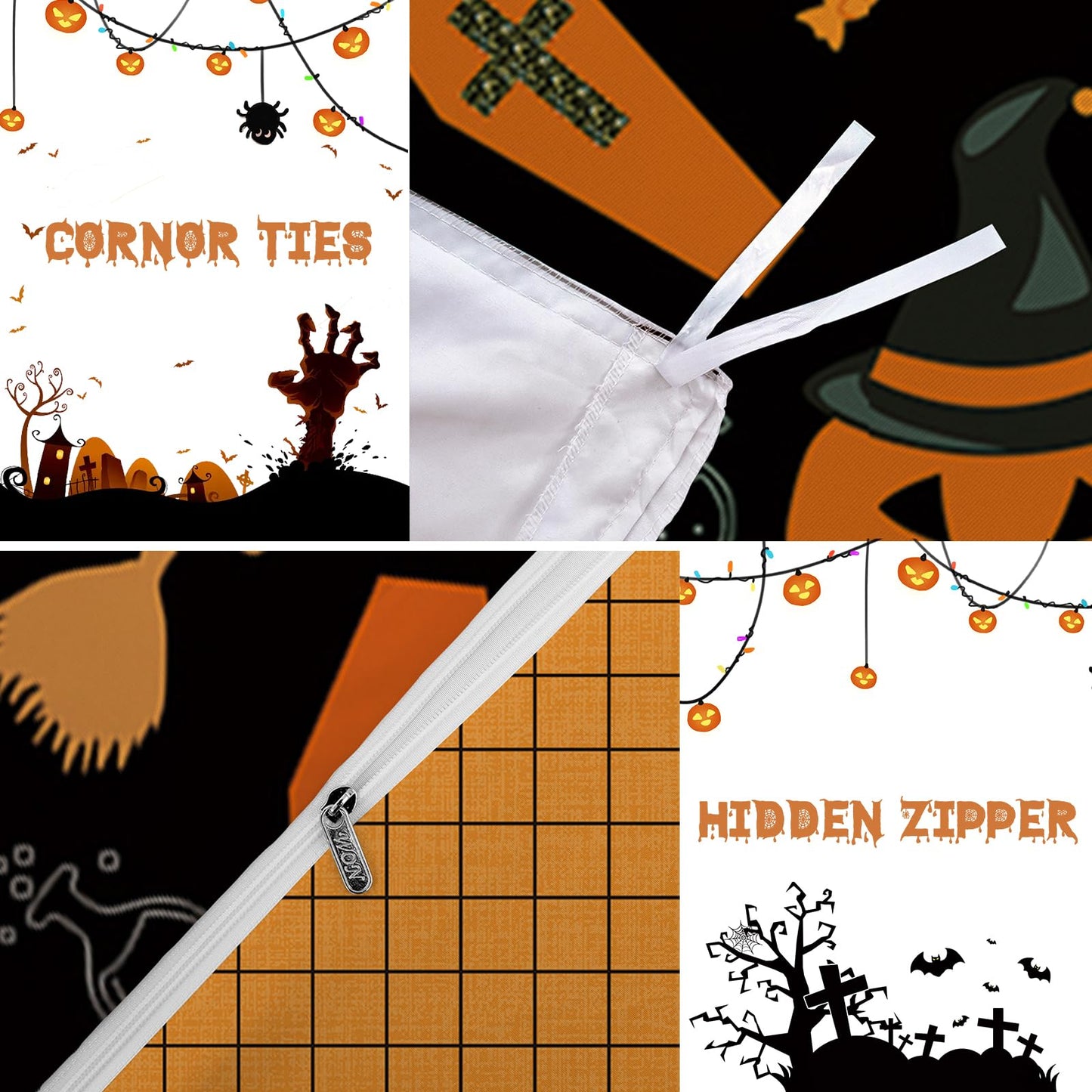 WONGS BEDDING Halloween Duvet Cover Set Queen Size,Black Bedding Set with Halloween Theme Pumpkin Witch Ghost Skull Black Cat Bat Patterns Duvet Cover for Halloween 90"x90"(Not Comforter)