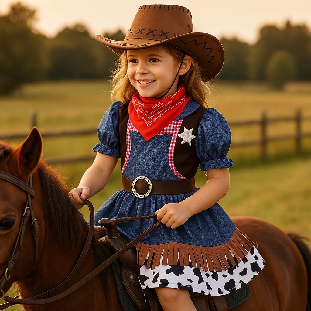 ZZIHAN Kids Cowgirl Costume Dress Outfits for Girls Role Play Cowboy Cowgirl Hat Bandanas Belt Sunglasses Dress up Accessories for Toddlers Girls Birthday Party Halloween Christmas Cosplay Gift 3-5T