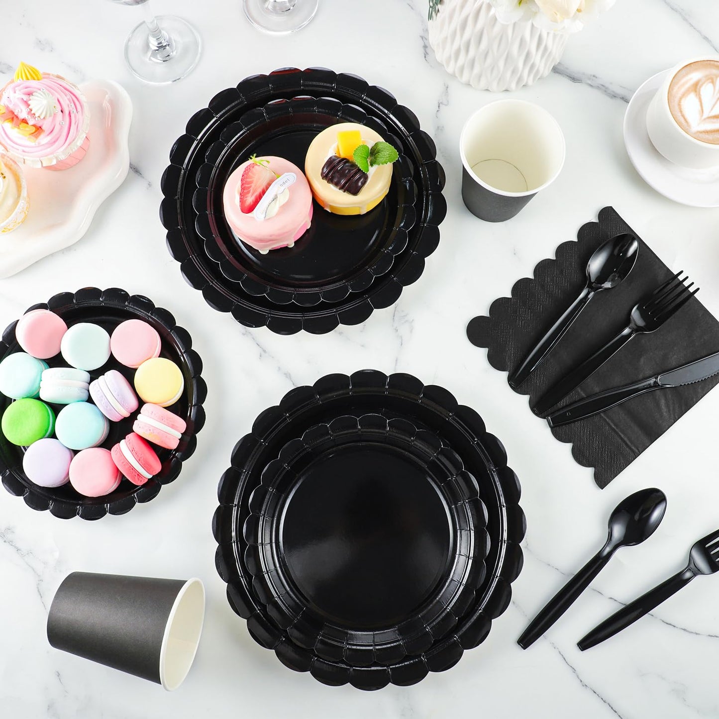 Xiangqu 175 Pcs Black Plates and Napkins 25 Guest Halloween Plates Set Black Party Supplies Includes Scalloped Party Plate Napkins Cups Plastic Cutlery for Birthday, Halloween, New Year