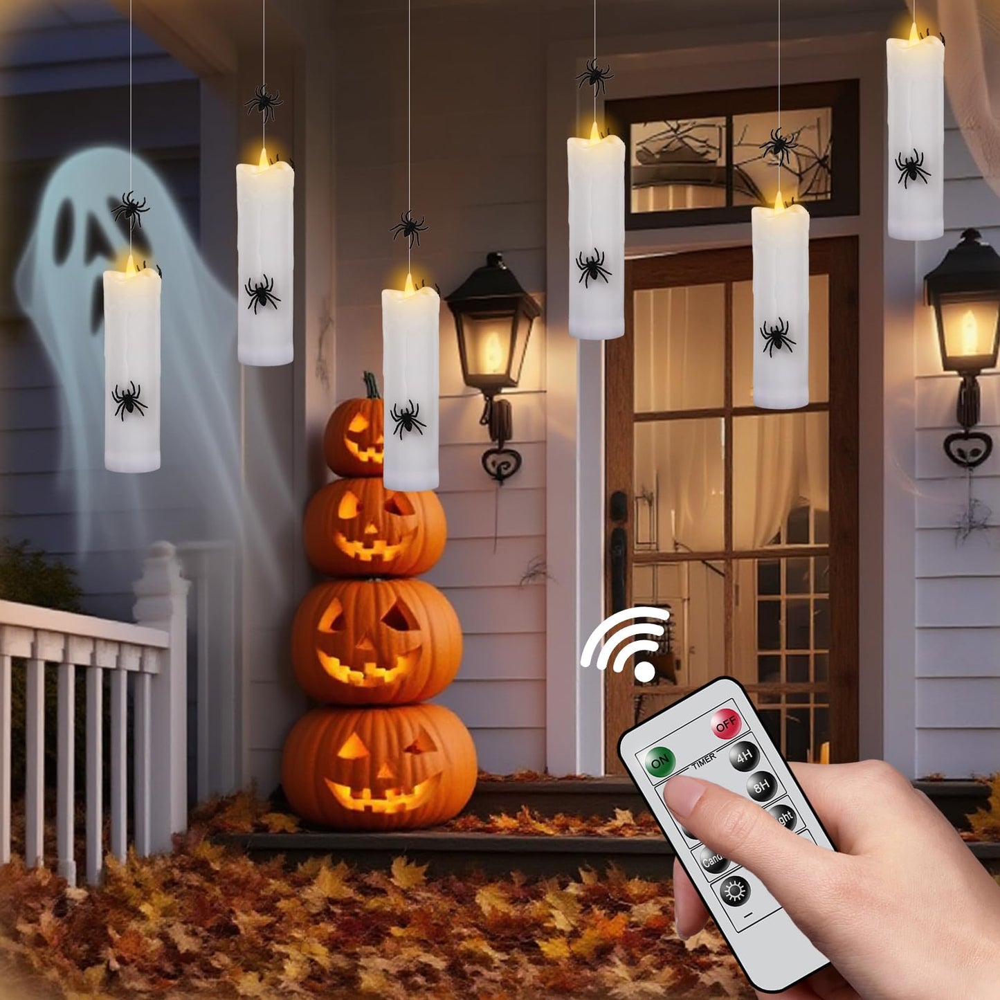 Wondise Halloween Flameless Floating Candle with Remote Timer, 4 Pack Battery Operated Hanging Candles with Spider Plastic LED Electric Candles for Halloween Decorations(White)