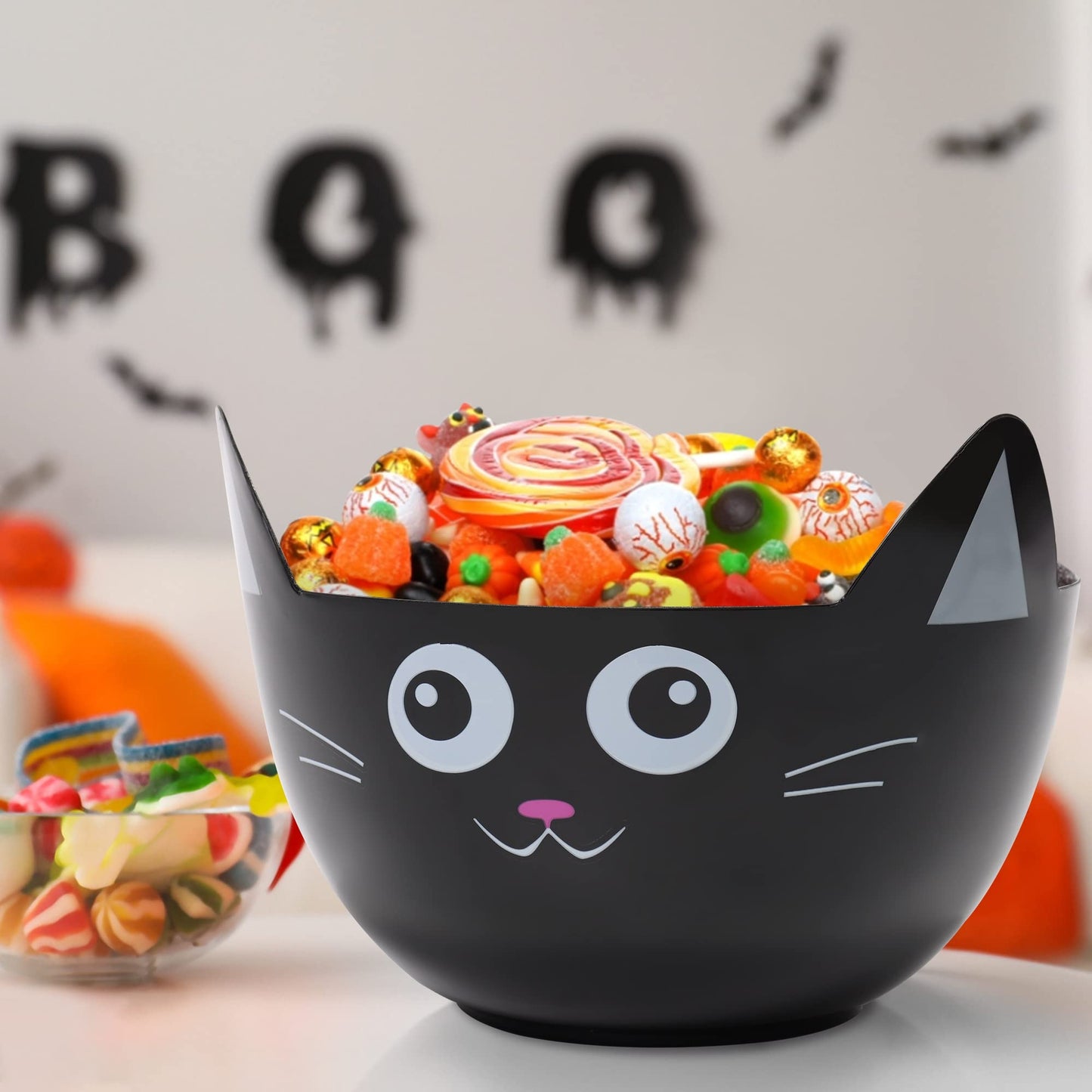 Zcaukya Halloween Party Supplies, Set of 3 Halloween Plastic Trick Treat Candy Bowls, Large Halloween Candy Holders, Black Cat Shaped Plastic Serving Bowl for Halloween Parties