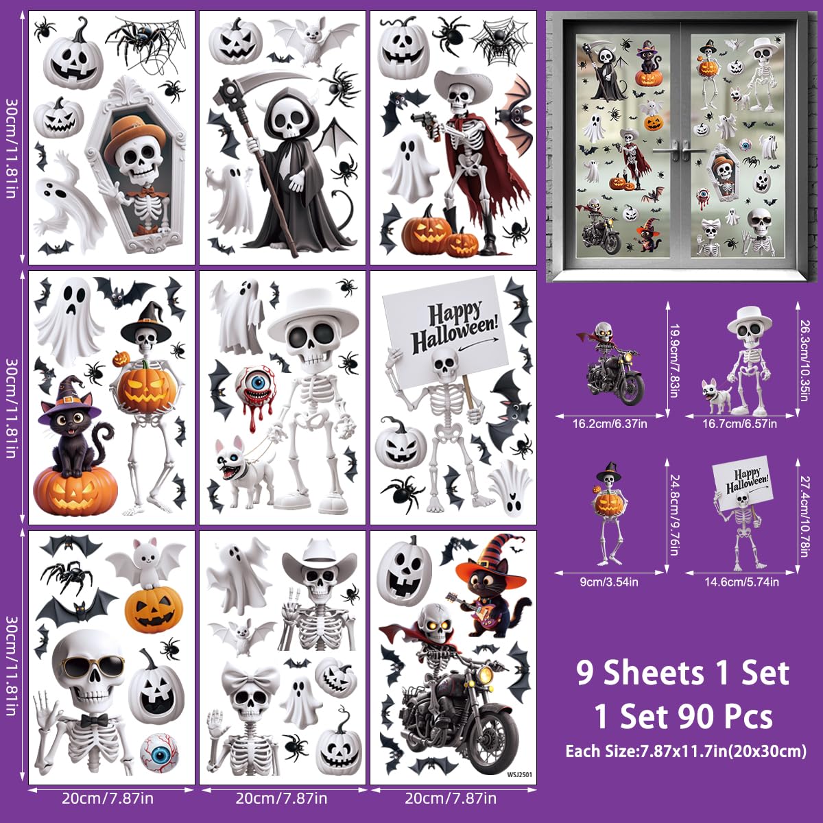 Wothfav 90Pcs Halloween Window Clings for Halloween Decorations, 9 Sheets Double-Sided PVC Window Stickers with Skull Grim Reaper, Removable Glass Decal Party Supplies for Indoor & Outdoor Home Decor