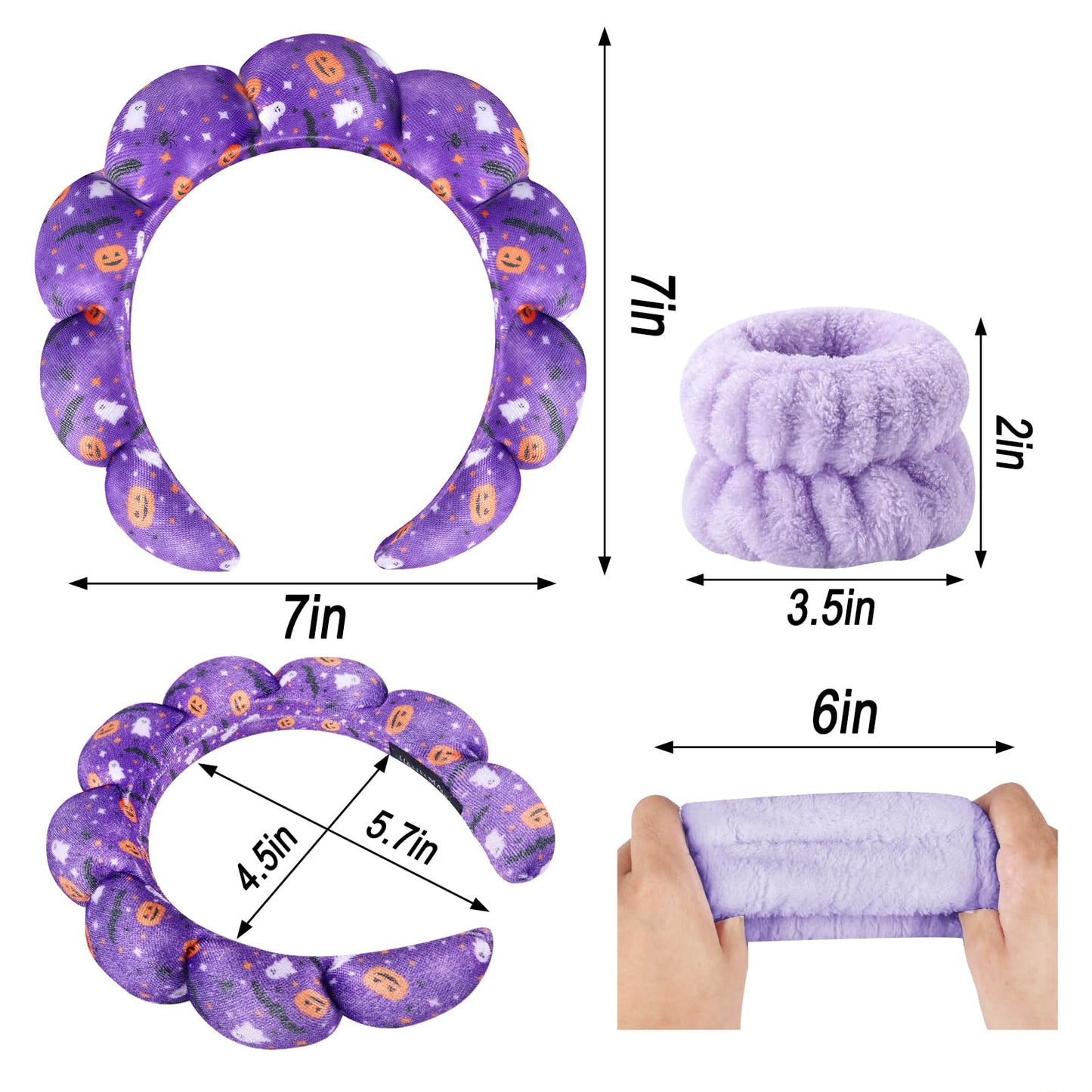 Zkptops Spa Headband for Washing Face Wristband Set Sponge Makeup Skincare Velvet Fabric Bubble Get Ready Hairband Puffy Headwear Non Slip Thick Thin Hair Accessory Gift for Women Girls(Halloween)