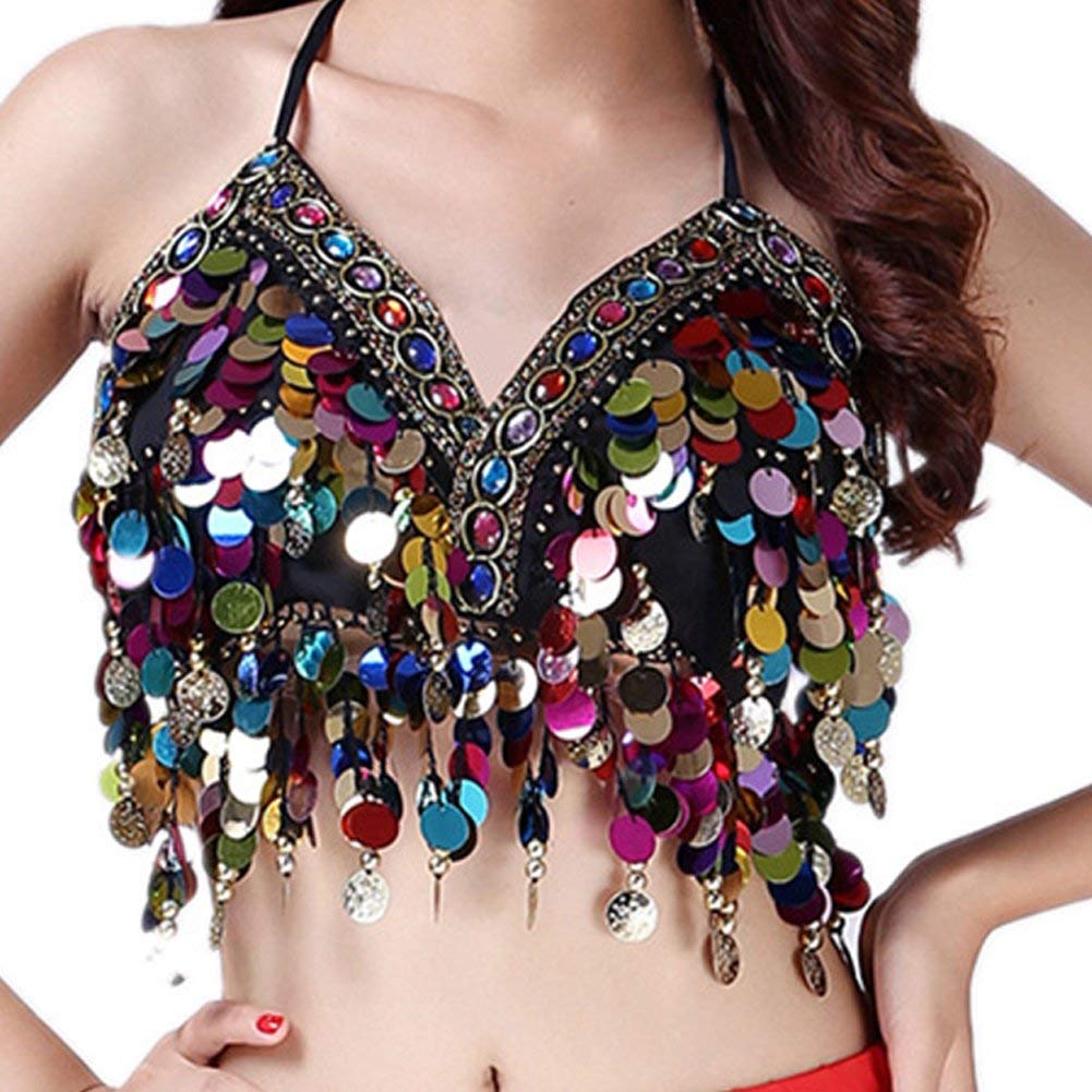 Wuchieal Sequin Halter Bra Top Salsa Belly Dance Boho Festival Clubbing Tribal Bra BH Top (One Size, Black with Colorful Beads)