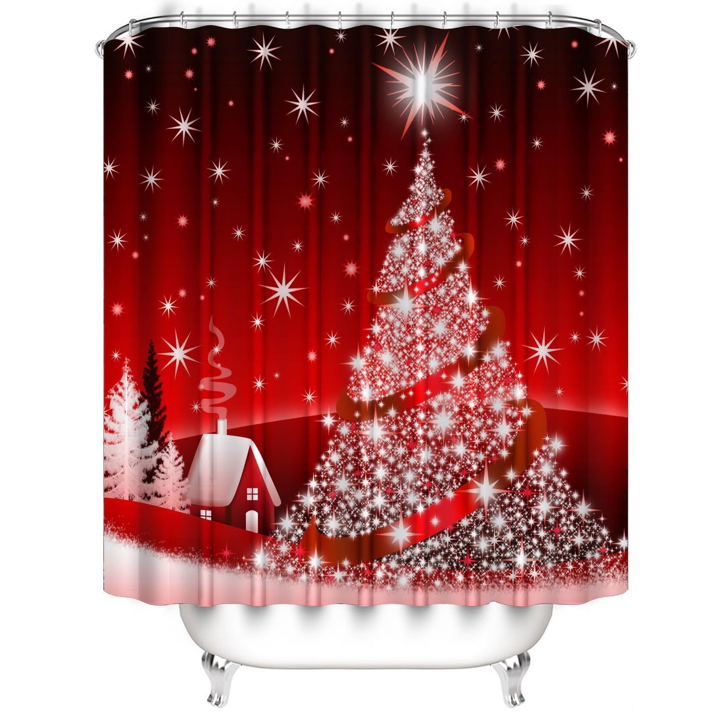 Yddsky 4PCS Red Christmas Tree Shower Curtain Sets, Christmas Village Printed Shower Curtain Sets with Rugs, Toilet Lid Cover and Bath Mat for Bathroom Set Decor Christmas Bathroom Decor Theme