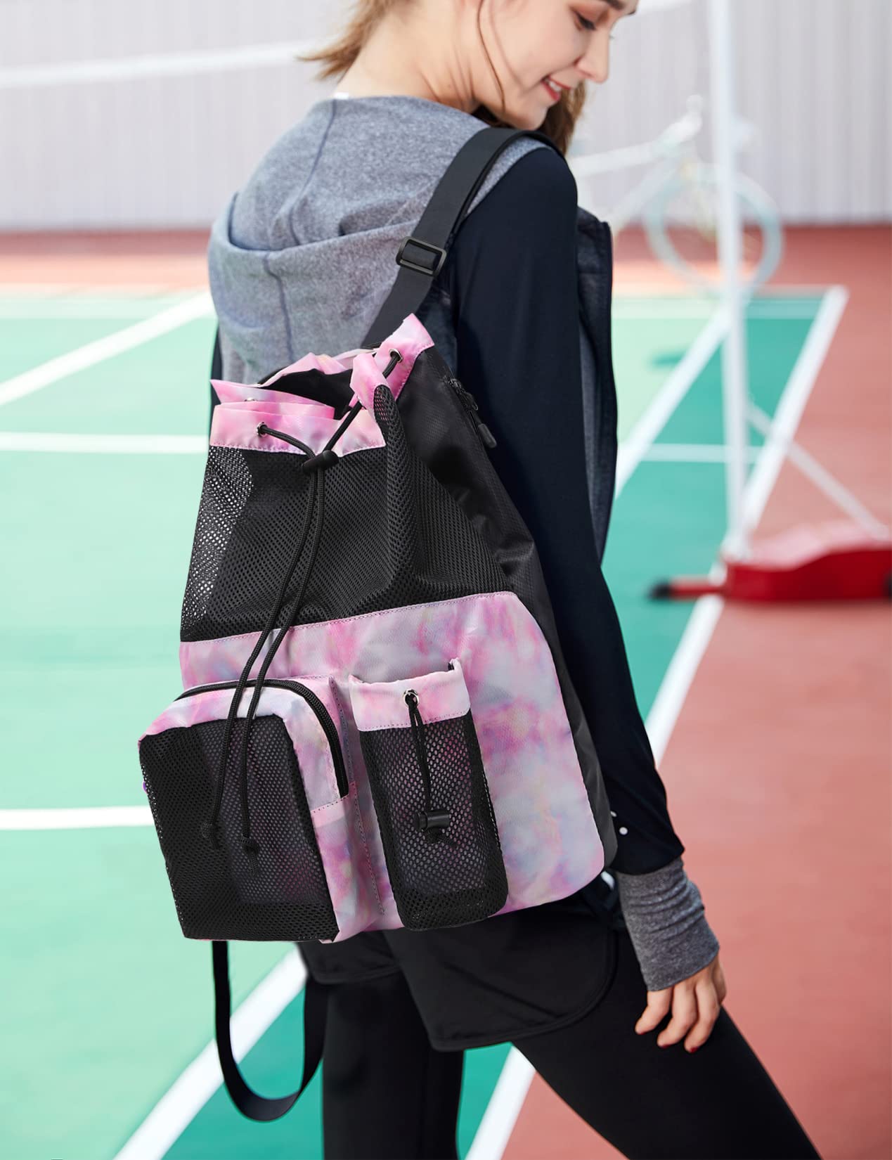 Lohol Mesh Drawstring Backpack with Shoes Bag, Swimming String Sack for Sports Gym Yoga Beach Travel (Pink Galaxy)
