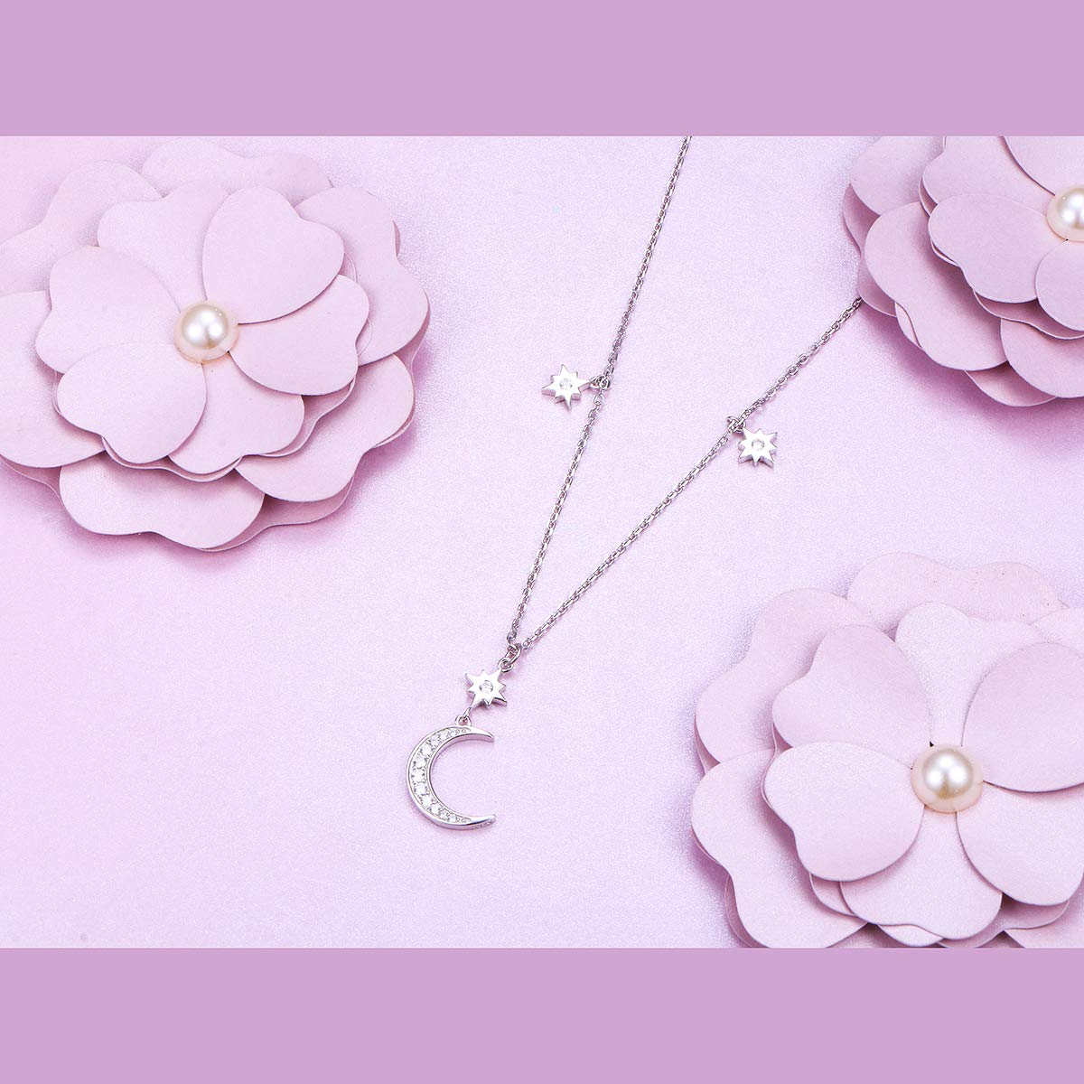 Ladytree S925 Sterling Silver Crescent Moon and Star CZ Pendant Necklace Jewelry,Rolo Chain,18 inches to 20 inches