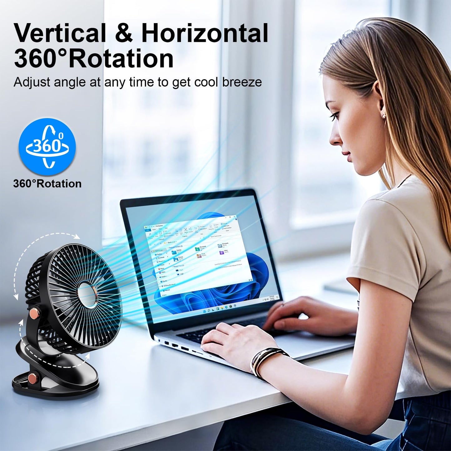 iNeibo 4000mAh Portable Clip on Fan with LED Lights, Battery Operated USB Desk Fan,4 Speed Quiet Rechargeable Mini Table Fan, 360° Rotate Personal Cooling Fan for Home Office Stroller Camping (Black)