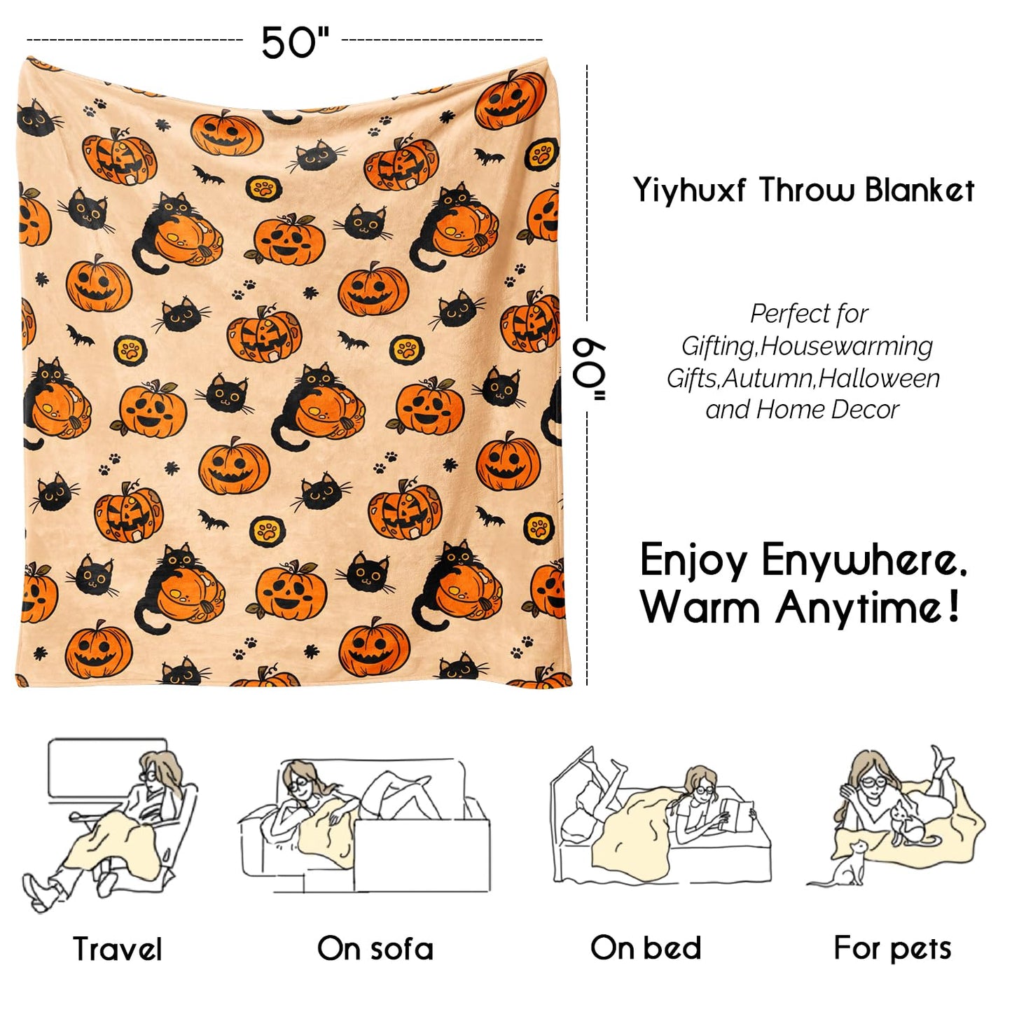 Yiyhuxf Halloween Blanket,Fall Halloween Black Cats Pumpkins Bats Spiders Fleece Blankets, for Women Flannel Throw Blanket for Home Living Room Couch Bed Chair or Dorm Decor 60"x50"