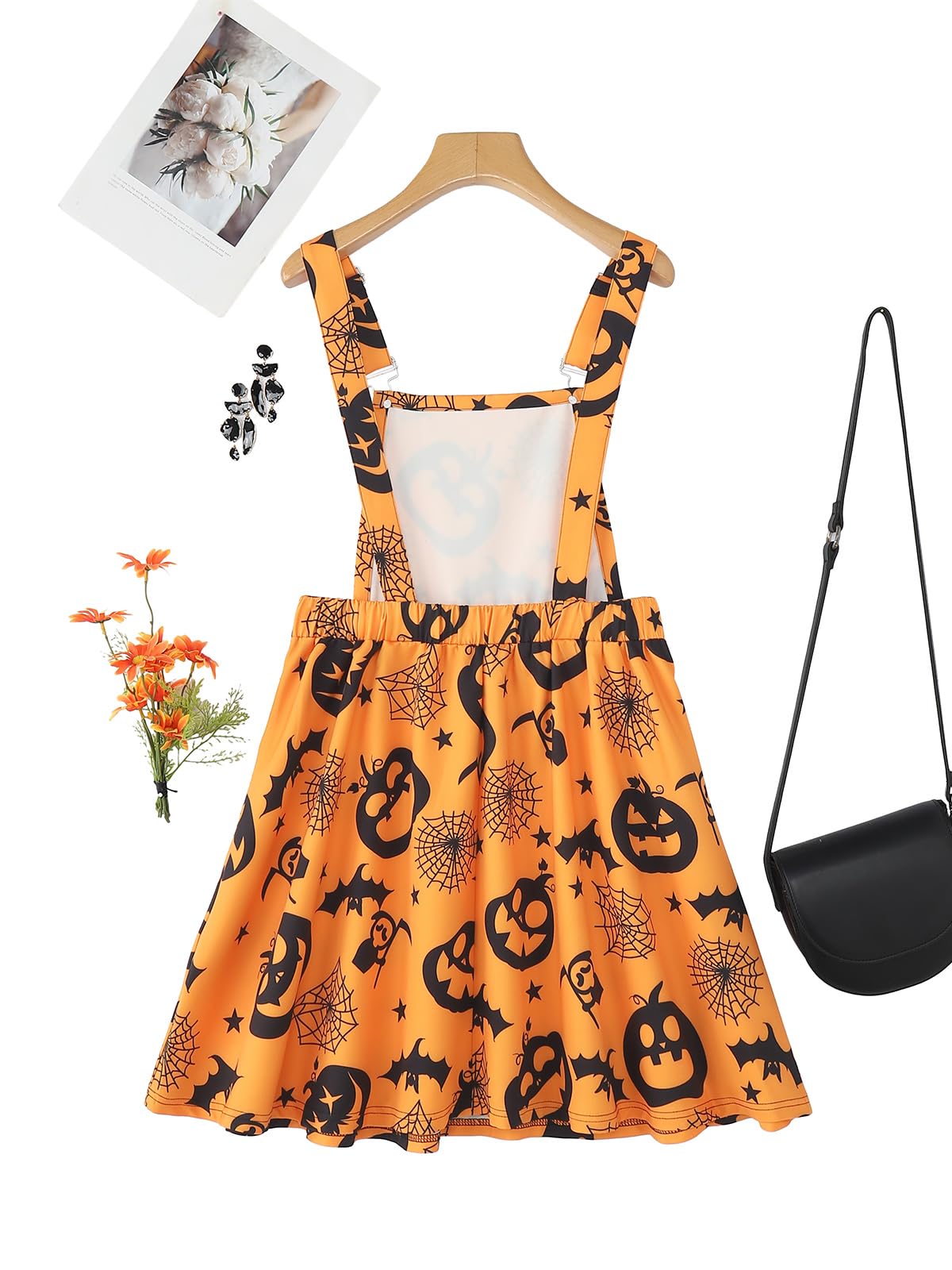 YOINS Women's Pumpkin and Ghost Print Overall Dress Suspender Skirt Pinafore Dresses Pumpkin Orange X-Large