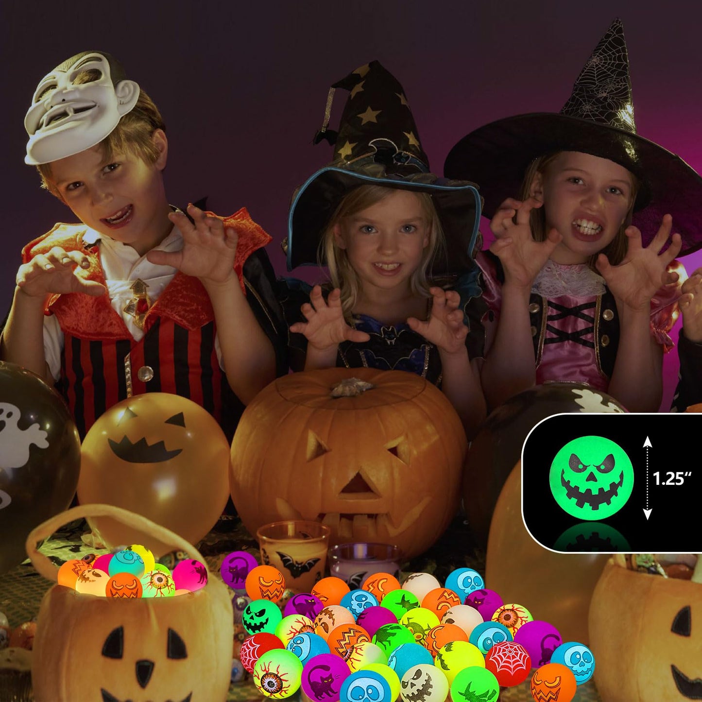 Yunaking Halloween Party Favors Kids Toys 64Pcs Halloween Toys Glow In The Dark Party Decoration Supplies Bouncy Balls Toy for Kids halloween Bag Fillers with Pumpkin Buckets Trick or Treat