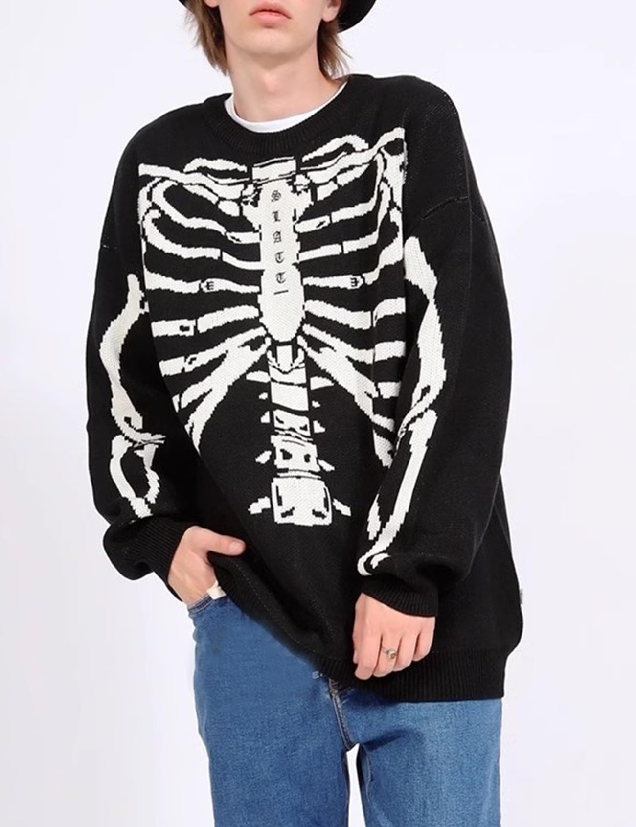 Yimoon Men Sweaters Oversized Graphic Casual Cable Knitted Jumper Pullover Cute Unisex Crewneck Retro Couple Tops (B-Black-M)