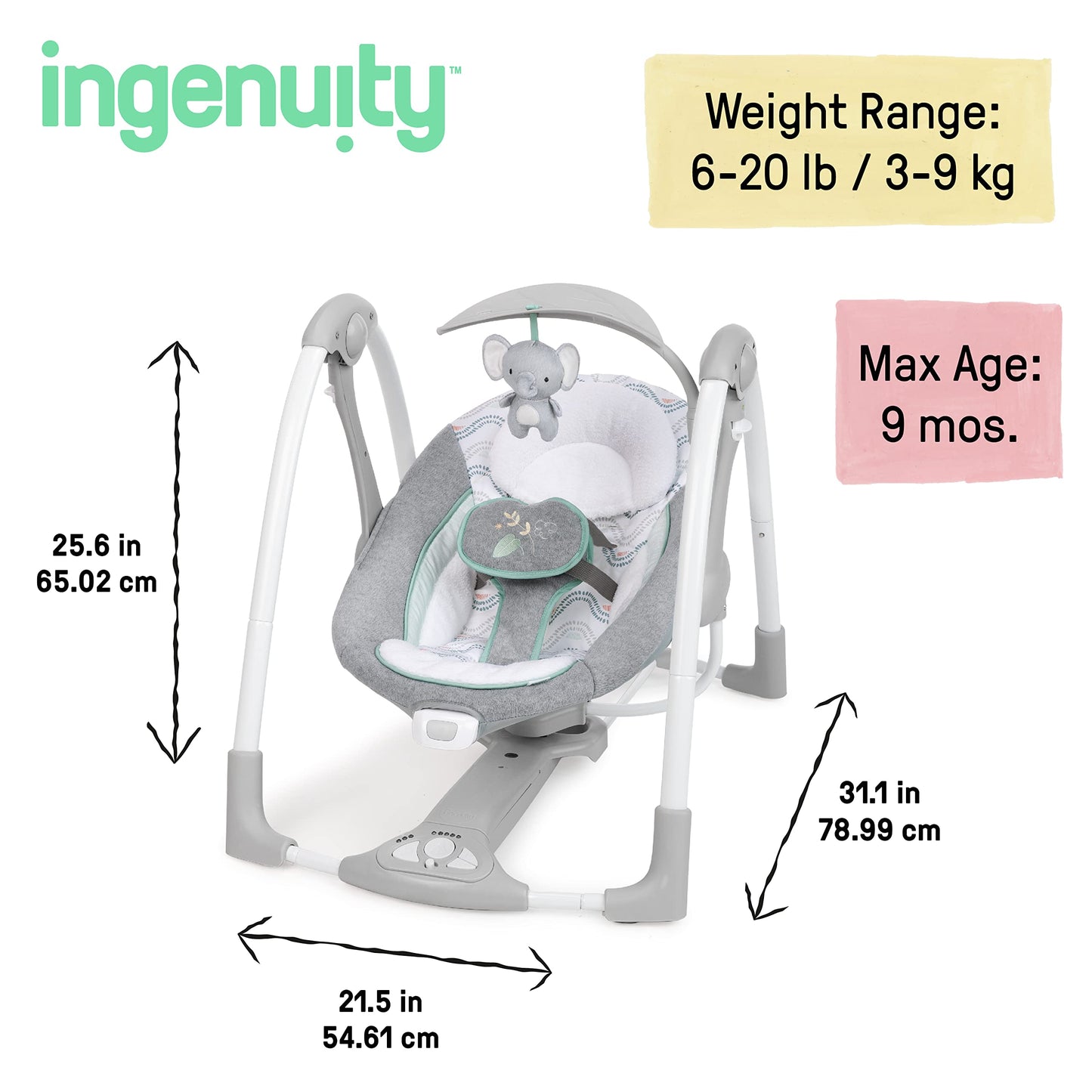 Ingenuity ConvertMe 2-in-1 Compact Portable Automatic Baby Swing & Infant Seat, Battery-Saving Vibrations, Nature Sounds, 0-9 Months 6-20 lbs (Swell)