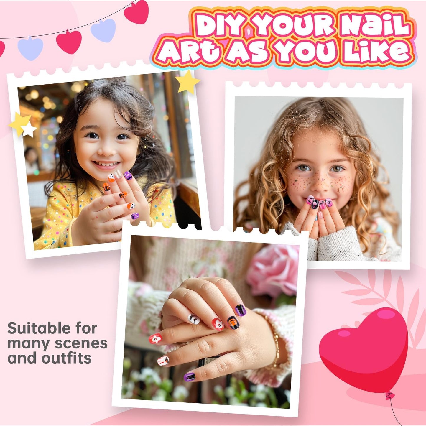 144 Pieces 6 Pack Kids Press on Nails Artificial Fake Nails for Kids Girls Pre Glue Full Cover Short Acrylic False Nail Tips Art Kits Gifts for Girls Nail Art Decoration (Halloween Pattern)