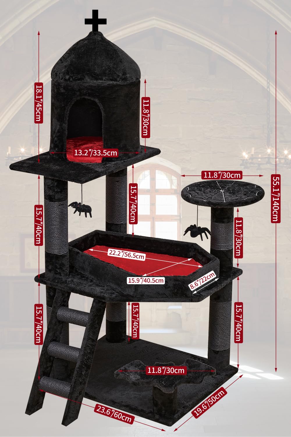 YARUOMY Gothic Cat Tree with Coffin Bed,55" Cat Tower with Spacious Cat Condo,Scratching Posts,Spider Hanging Ball,Multi-Level Cat Activities Furniture for Large Cats, Black Halloween