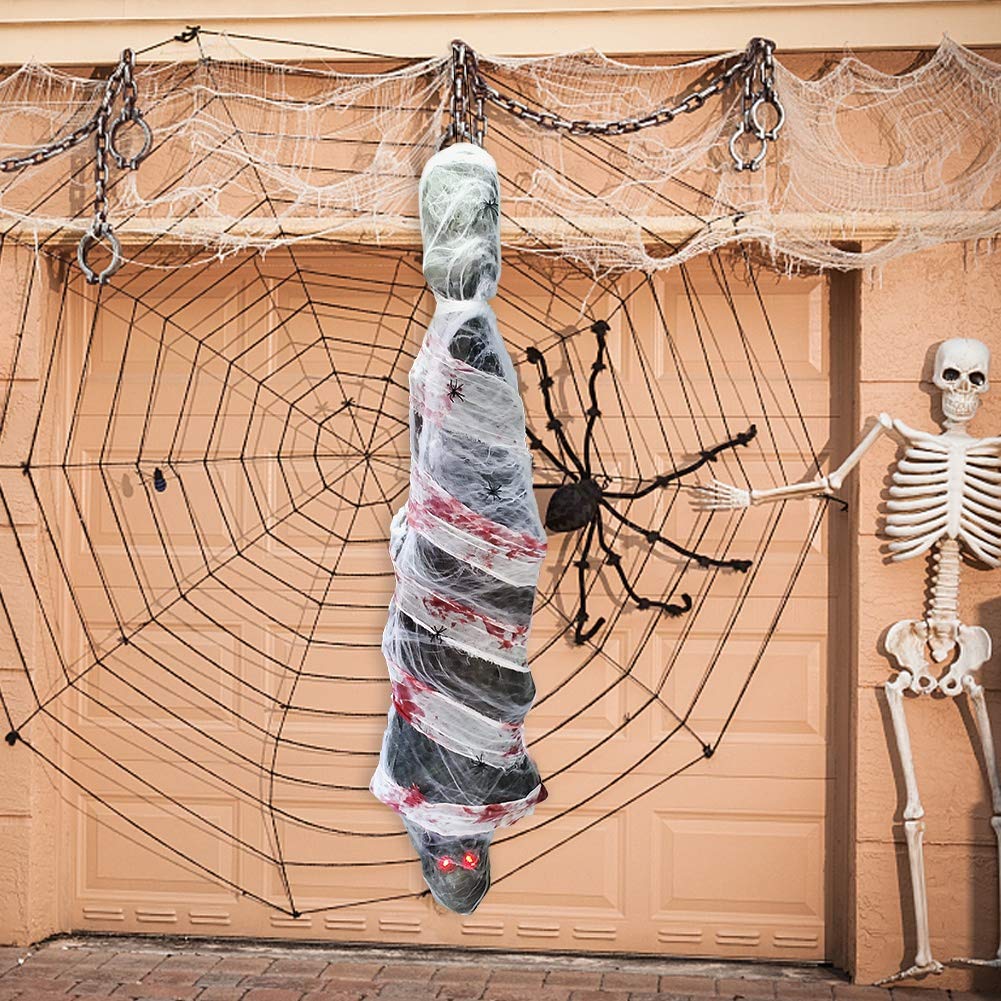 Zcaukya Halloween Decorations, 72 Inch Hanging Spooky Scary Creepy Mummy Decoration with LED Glowing Eyes and Voice Activated for Halloween Party, Haunted House, Yard, Ceiling, Indoor Outdoor Decor