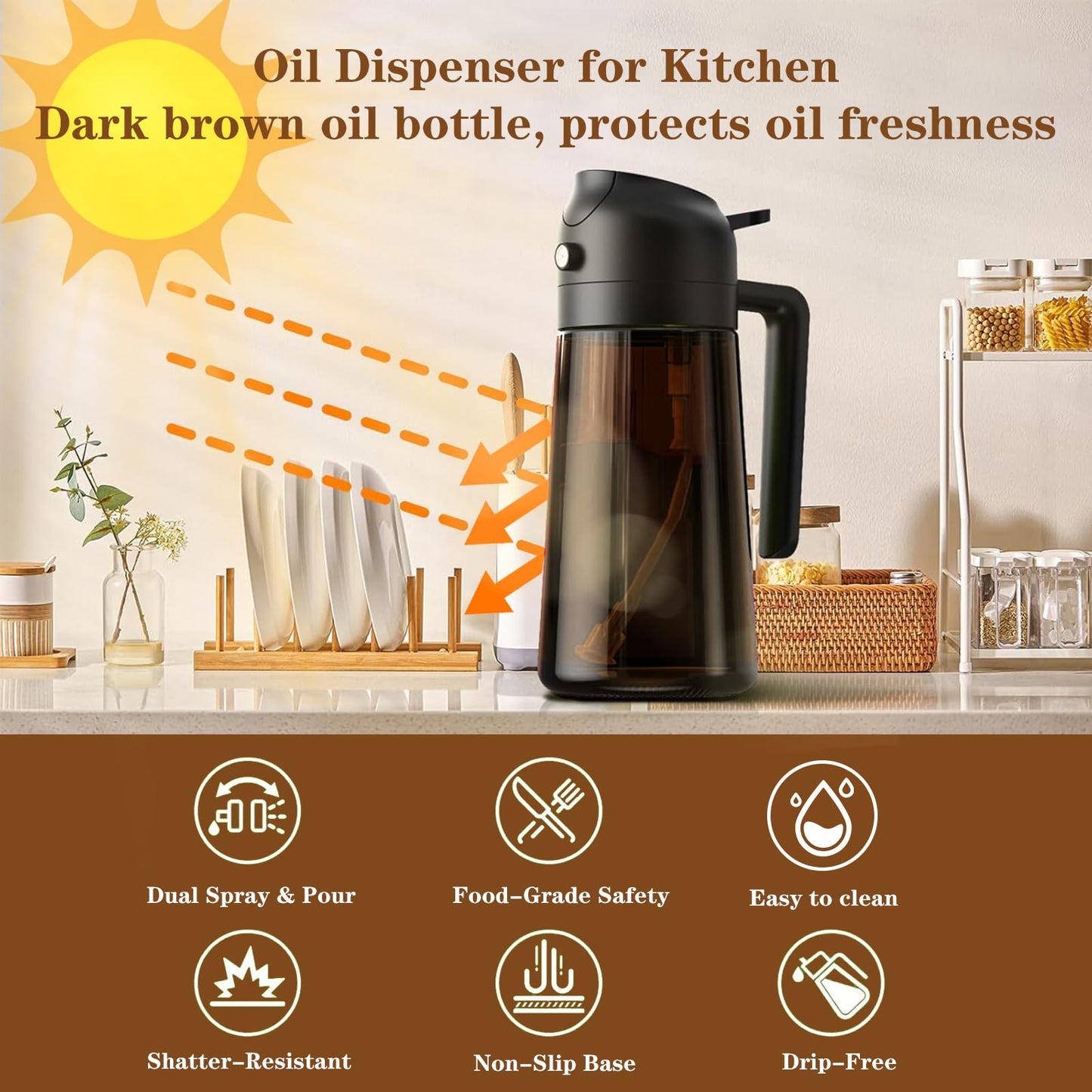 LAKUMIQI 2-in-1 Glass Oil Dispenser & Sprayer - 16oz/470ml Leakproof Olive Oil Sprayer Bottle for Cooking, Air Fryer, BBQ, Baking, Salad (Black)