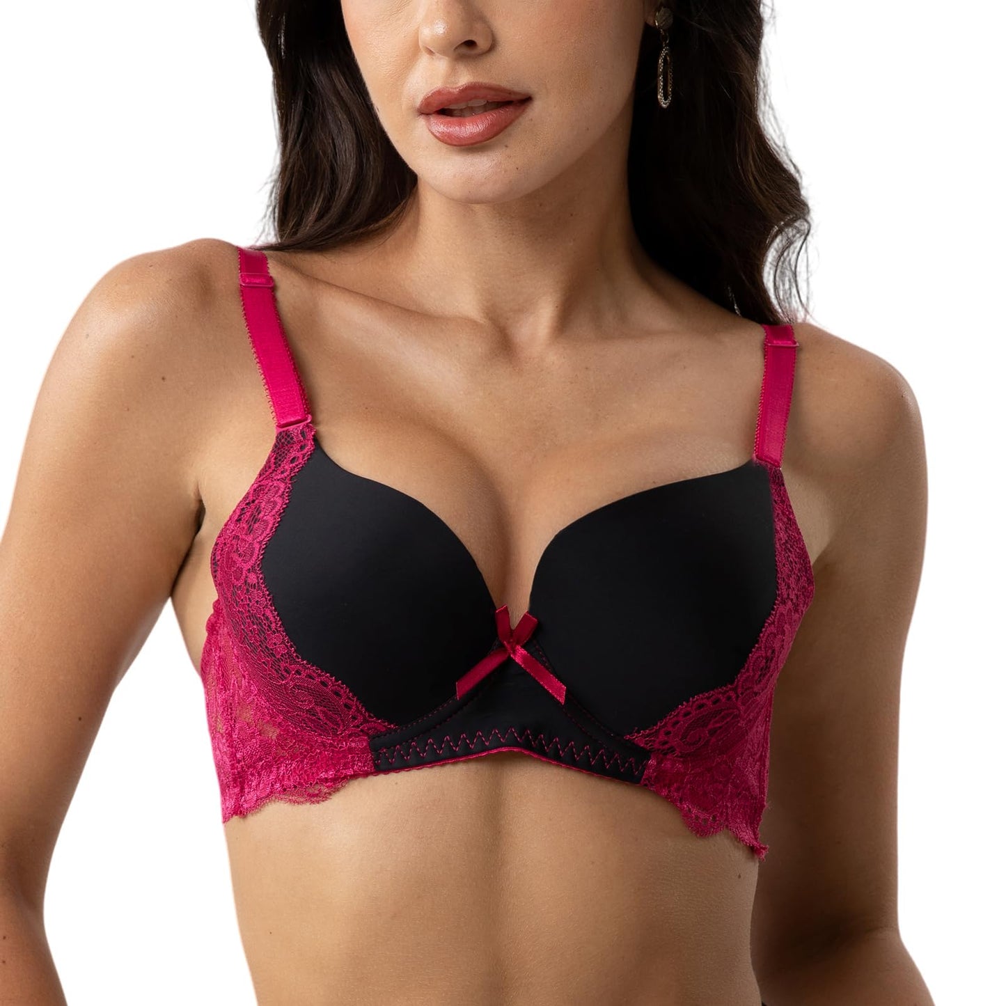 YooMee Push Up Bra for Women,Lace Bras with Underwire Cups,Comfort Padded T-Shirt Bra Add One Cup Black