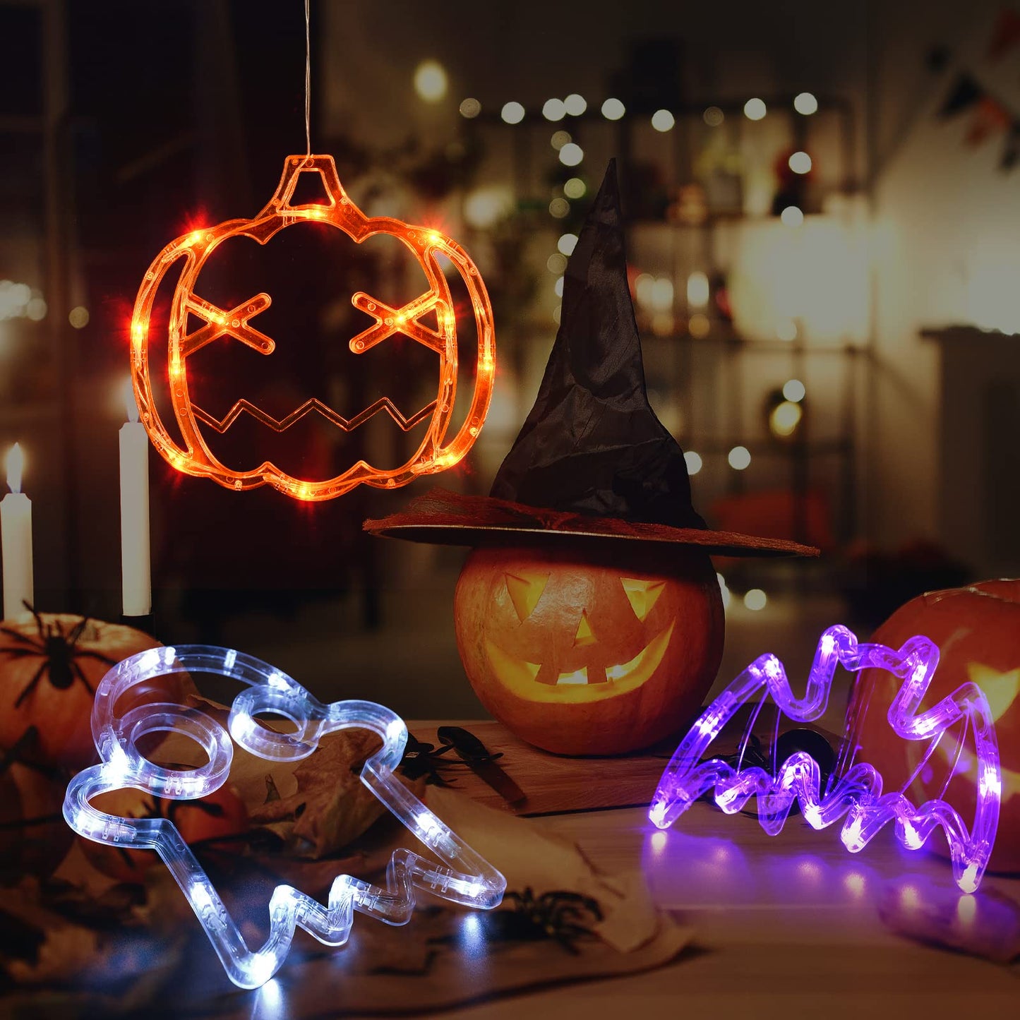 LOLStar Halloween Lights Decorations 2025 3-Pack Orange Pumpkin White Ghost Purple Bat Window Lights with Suction Cups, Battery Operated Halloween LED Lights Window Decor Slow Fade Mode and Timer