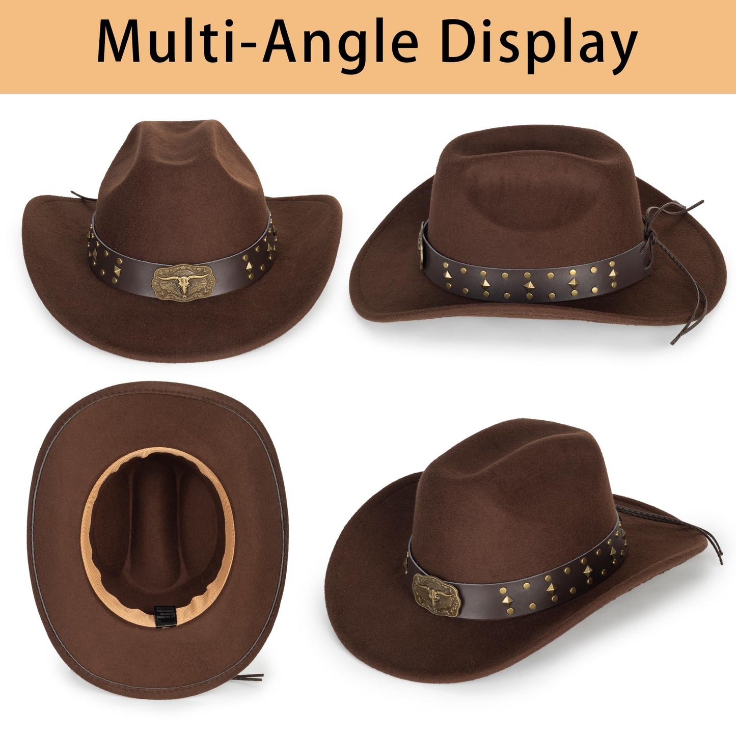 Womens Western Cowboy Hats Studded Pinched Western Cowgirl Hats Wide Brim Fedoras Hat with Belt Buckle (Size:Medium) Brown