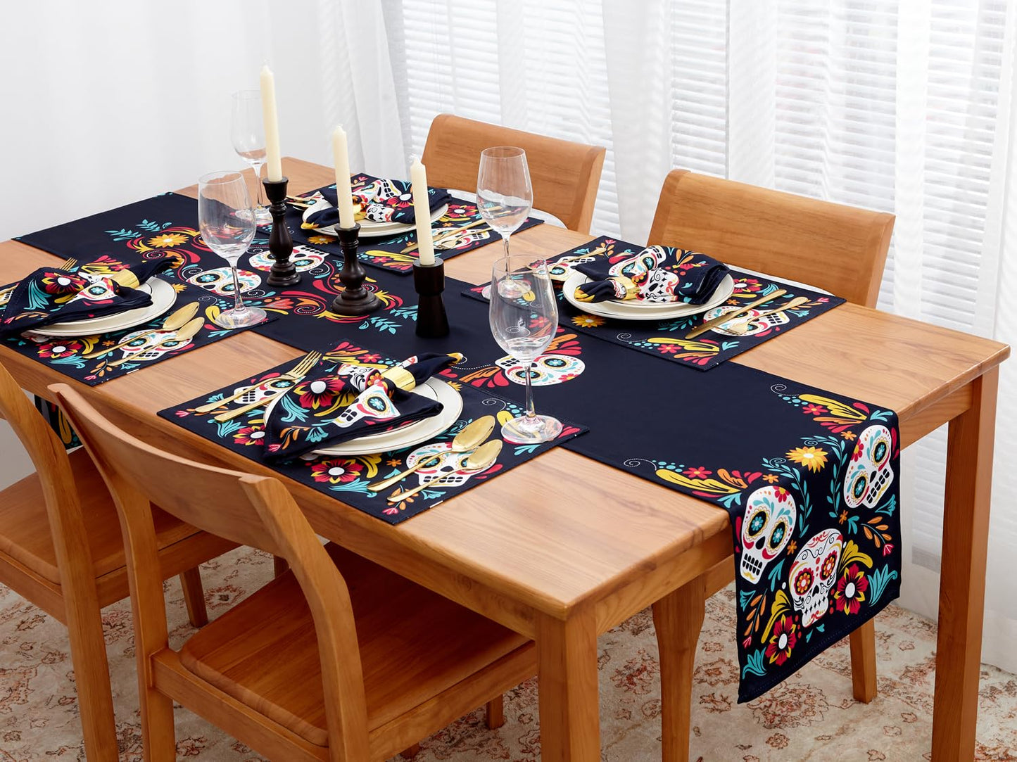 YiHomer Day of The Dead Halloween Tabletop - Dia De Los Muertos Floral Skeleton Mask, Cinco De Mayo Mexican Fiesta Party Home Kitchen Dining Room Decor, Sugar Skull, Napkin Set, 20 x 20
