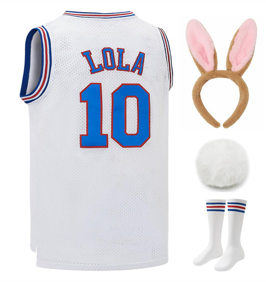 Lola #10 Bunny Space Mens Movie Jersey Looney Basketball Jersey Halloween Costumes Set with Bunny Head Hoop & Socks White M