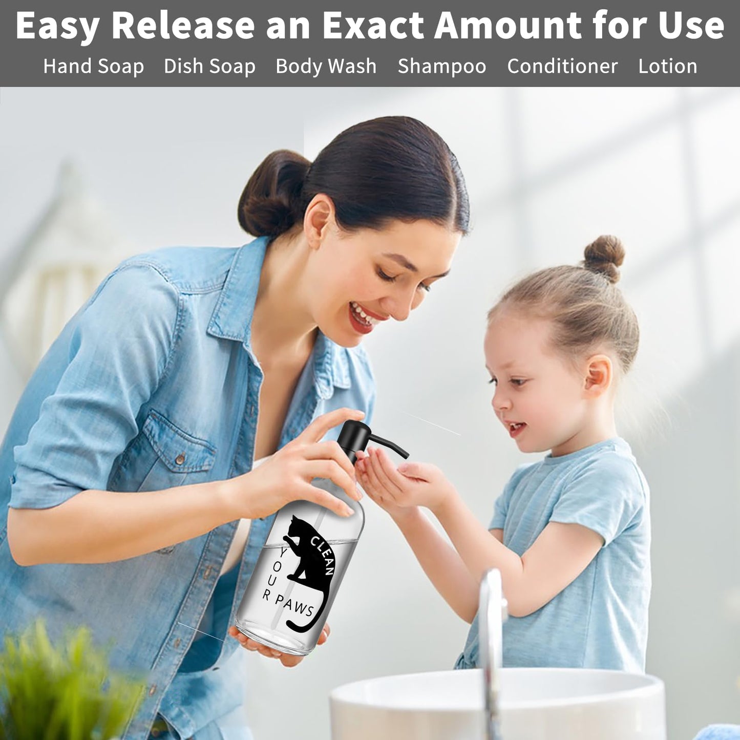 zuxzmj Black Cat Soap Dispenser 17 oz Clear Glass Hand Soap Bottle with 304 Stainless Steel Pump for Bathroom or Kitchen Countertop Cat Lover Gift Idea
