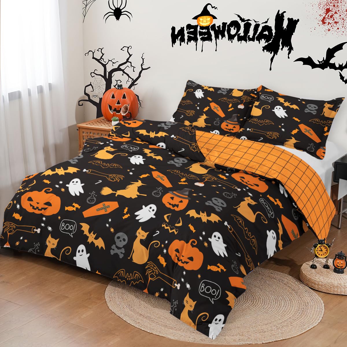 WONGS BEDDING Halloween Duvet Cover Set Queen Size,Black Bedding Set with Halloween Theme Pumpkin Witch Ghost Skull Black Cat Bat Patterns Duvet Cover for Halloween 90"x90"(Not Comforter)