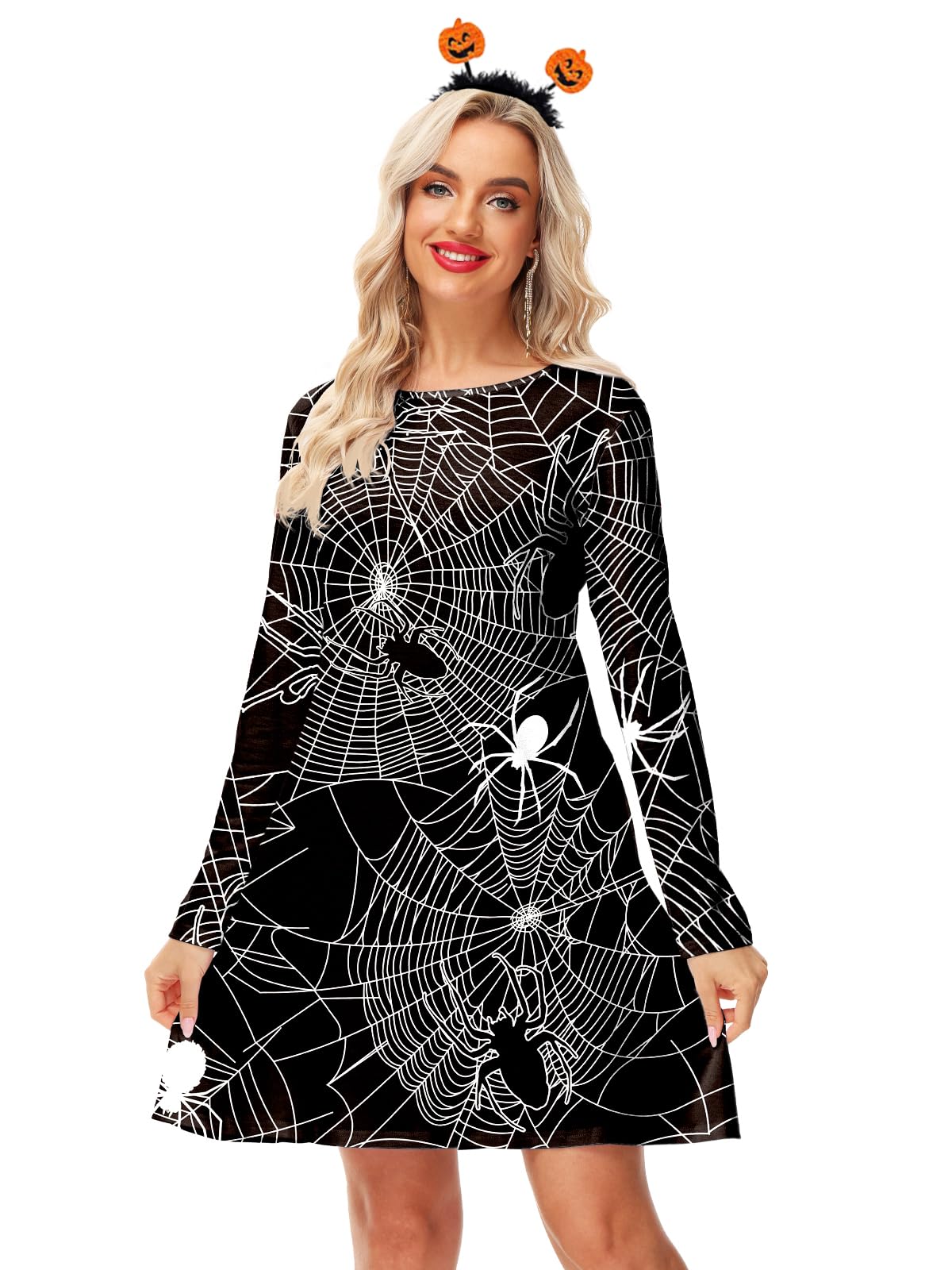 Womens Spiderweb Dress Halloween A-Lined Flare Holiday Dress with Pocket XL