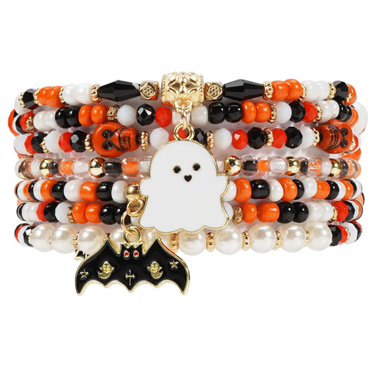 Lonext Halloween Bracelets Ghost Pumpkin Skull Skeleton Bat Spooky Bracelet for Women Boho Stretch Stack Bead Charm Heishi Bracelet